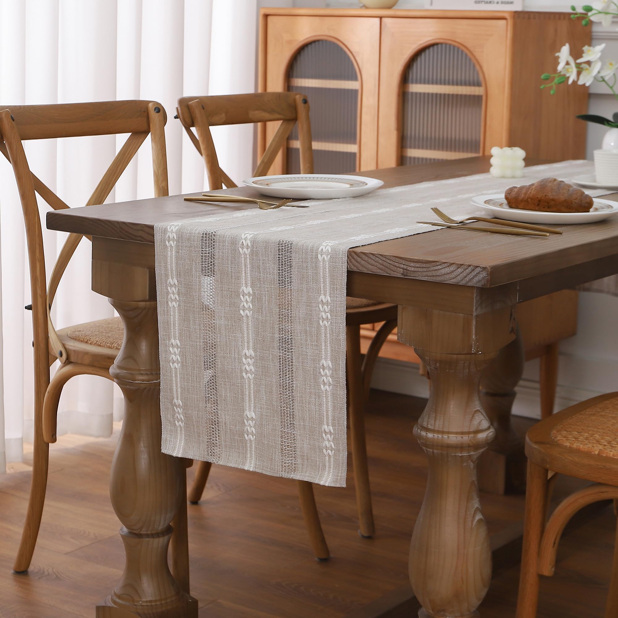 Gernaice Boho Table Runner, Embroidered Cotton Linen Farmhouse Table Runners for Holiday Wedding Dining Living Room Bedroom Home Decor, 90" L X 13" W