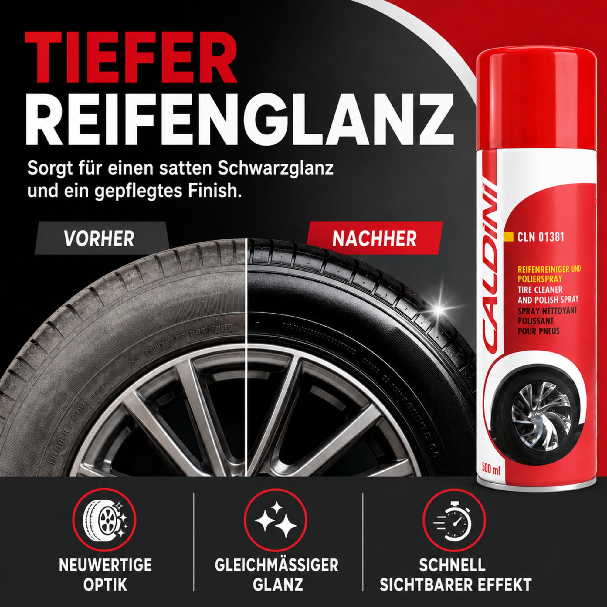Caldini Reifenglanz Spray 12 x 500 ml, Premium Reifenpflege und Gummipflege, reinigt und pflegt Reifenoberflächen, sorgt für Glanz und Schutz vor Austrocknung, ideal für Auto, Motorrad und Transporter