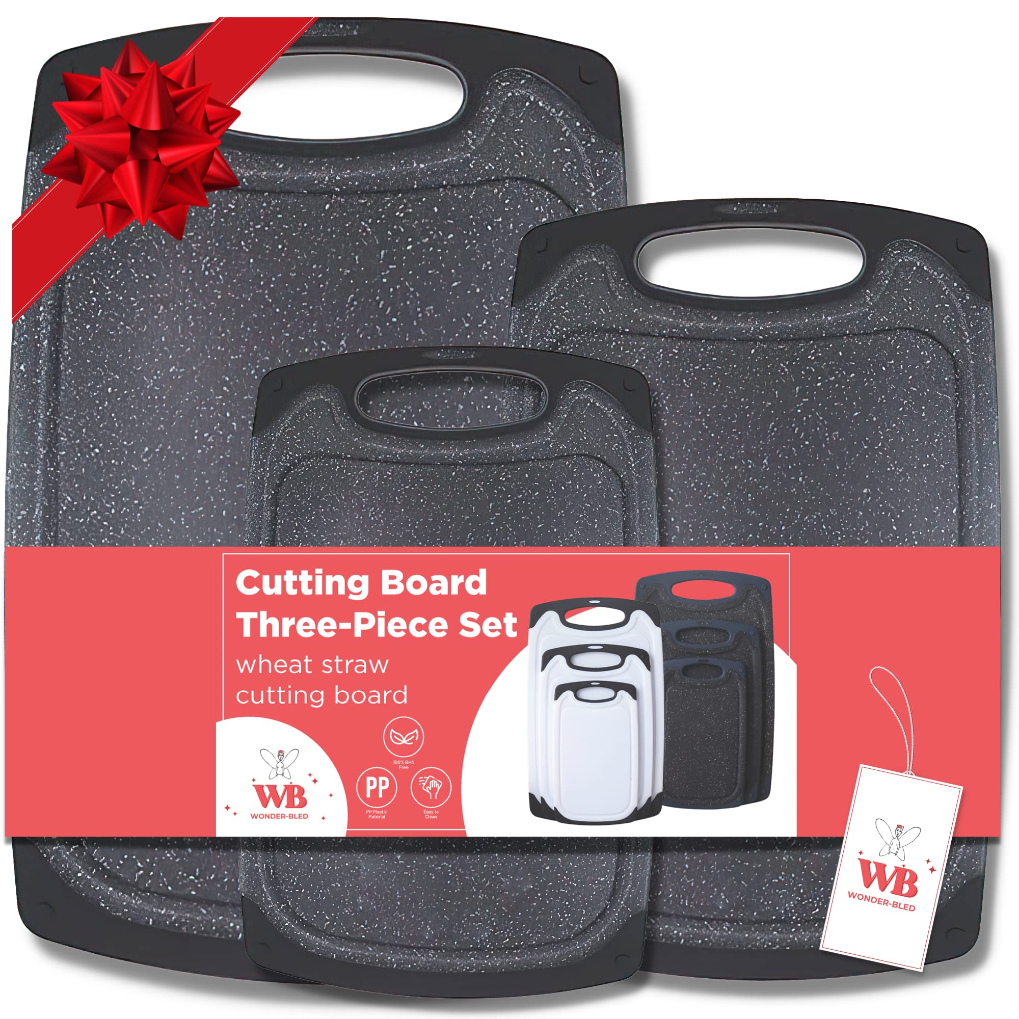 Reversible Cutting Board Set of 3, Plastic Chopping Board for Kitchen, BPA Free Food Safe PP Material, Non-Slip Design with Easy Grip Handle, Juice Grooves, Dishwasher Safe (Black)