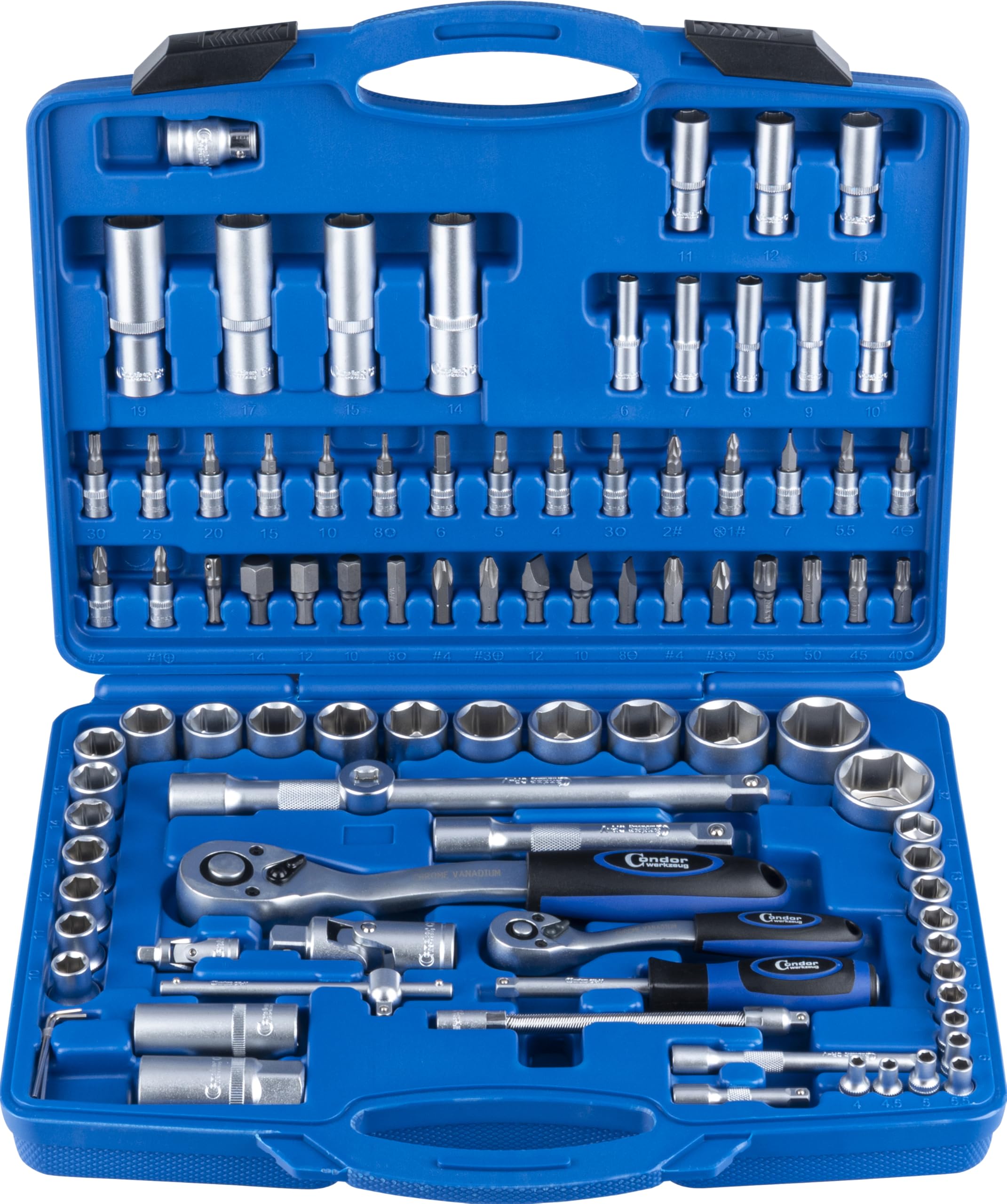 Condor Tool 1094 | Set di chiavi a bussola | 94 pezzi | 1/4" + 1/2" | 6 angoli 4 – 32 mm | Set di cricchetti professionali per officina e fai da te