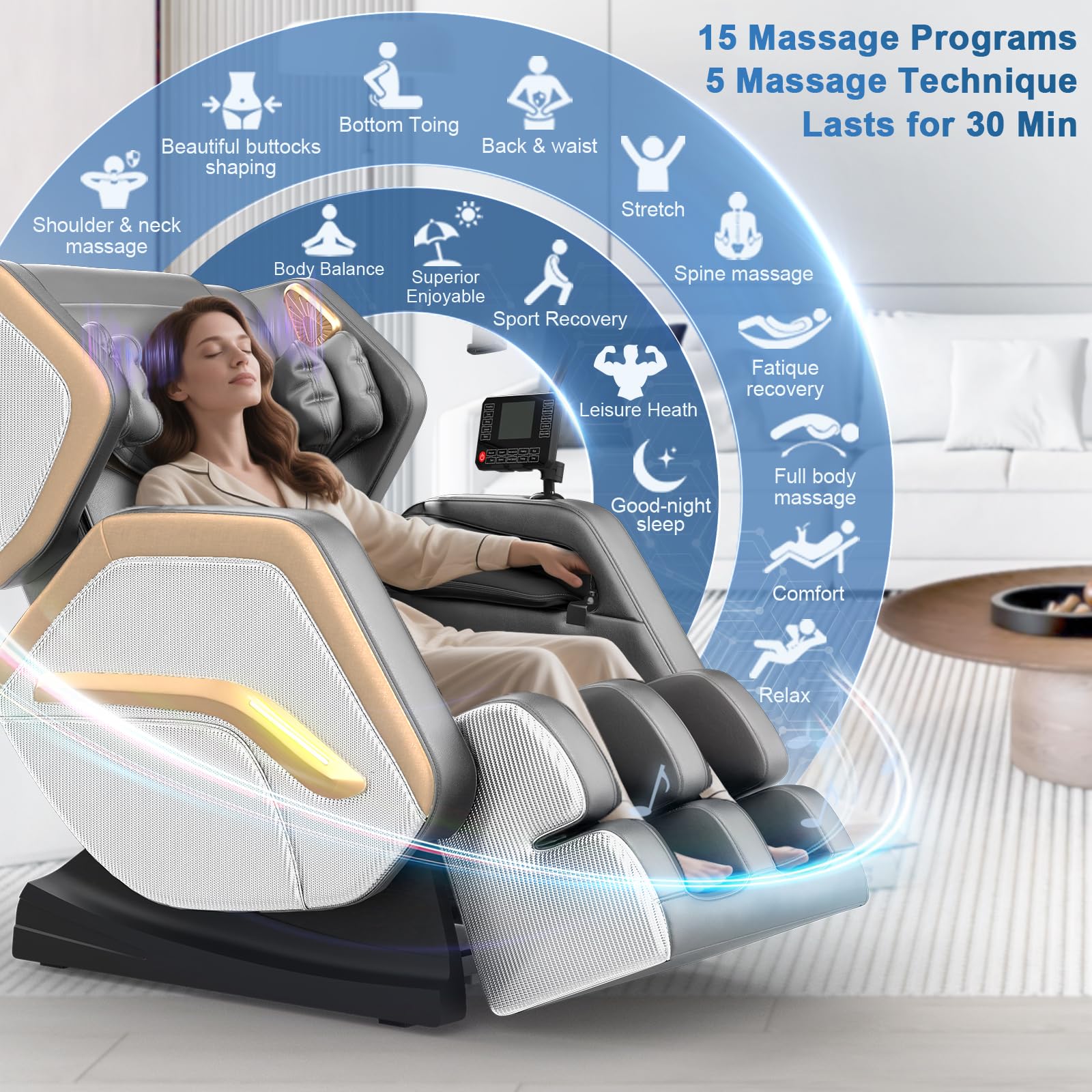 Poltrona massaggiante, Poltrona reclinabile con massaggio completo a 14 rulli, 8 airbag massaggianti, funzione di riscaldamento, massaggio ai piedi, altoparlante Bluetooth, telecomando touch