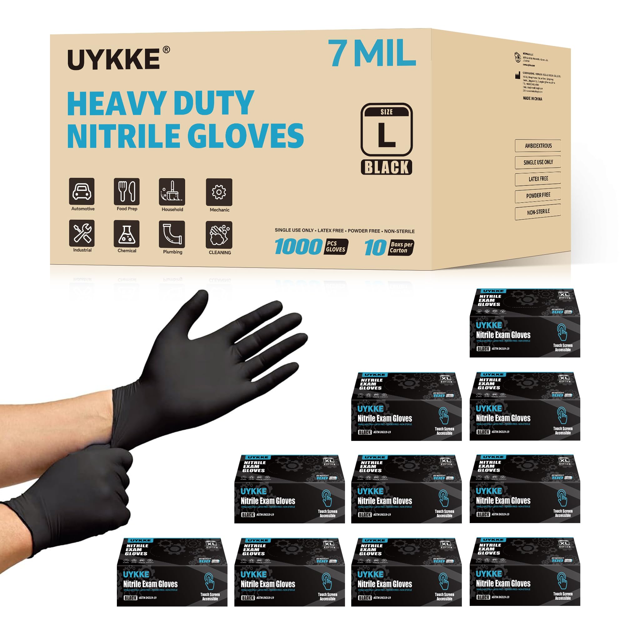 Strapazierfähige Nitrilhandschuhe, 7 mm, Schwarz, Reinigungshandschuhe, puder- und latexfrei, Einweghandschuhe, Lebensmittelzubereitung, Mechaniker-Tattoos (1000, groß)
