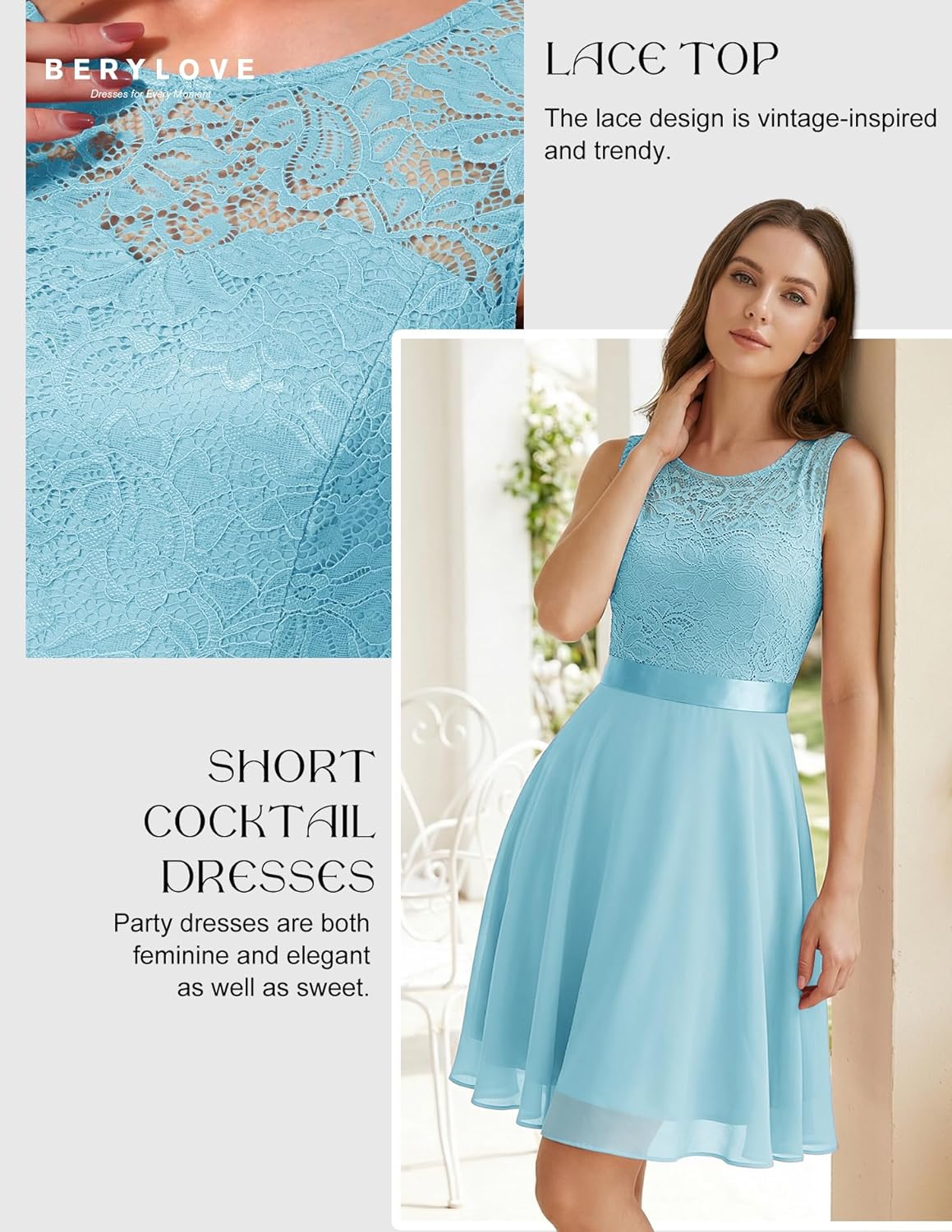 BeryLove Women's Short Prom Dresses for Teens Sleeveless Flowy A Line Wedding Guest Lace Formal Dress