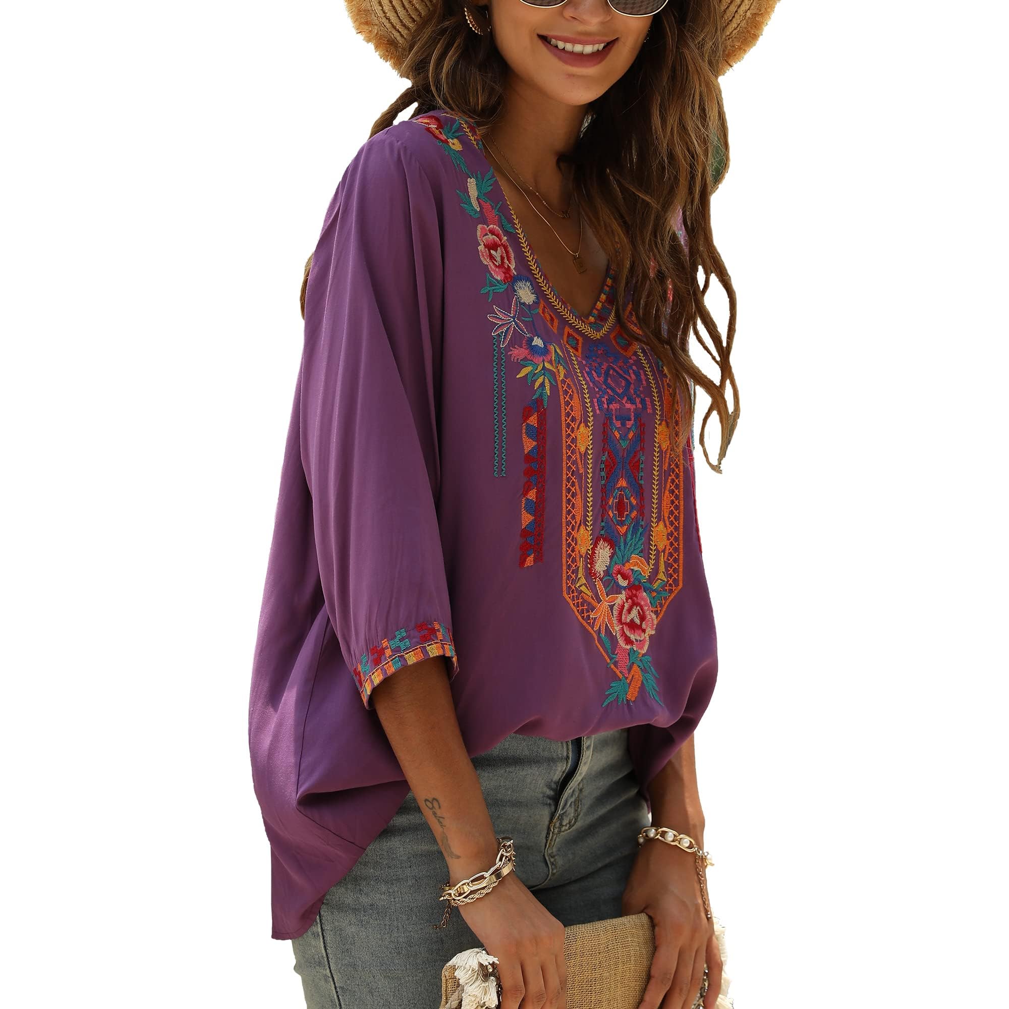 Grosy Haut brodé bohème pour femme, style hippie, chemisier paysan mexicain et tunique bohème traditionnelle, violet, Small