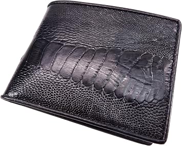 Pelgio Genuine Ostrich Leg Skin Leather Soft Bifold Mens Wallet [C13] - 4 Card Slots + 1 ID Window + 2 Compartments for Bills, Black