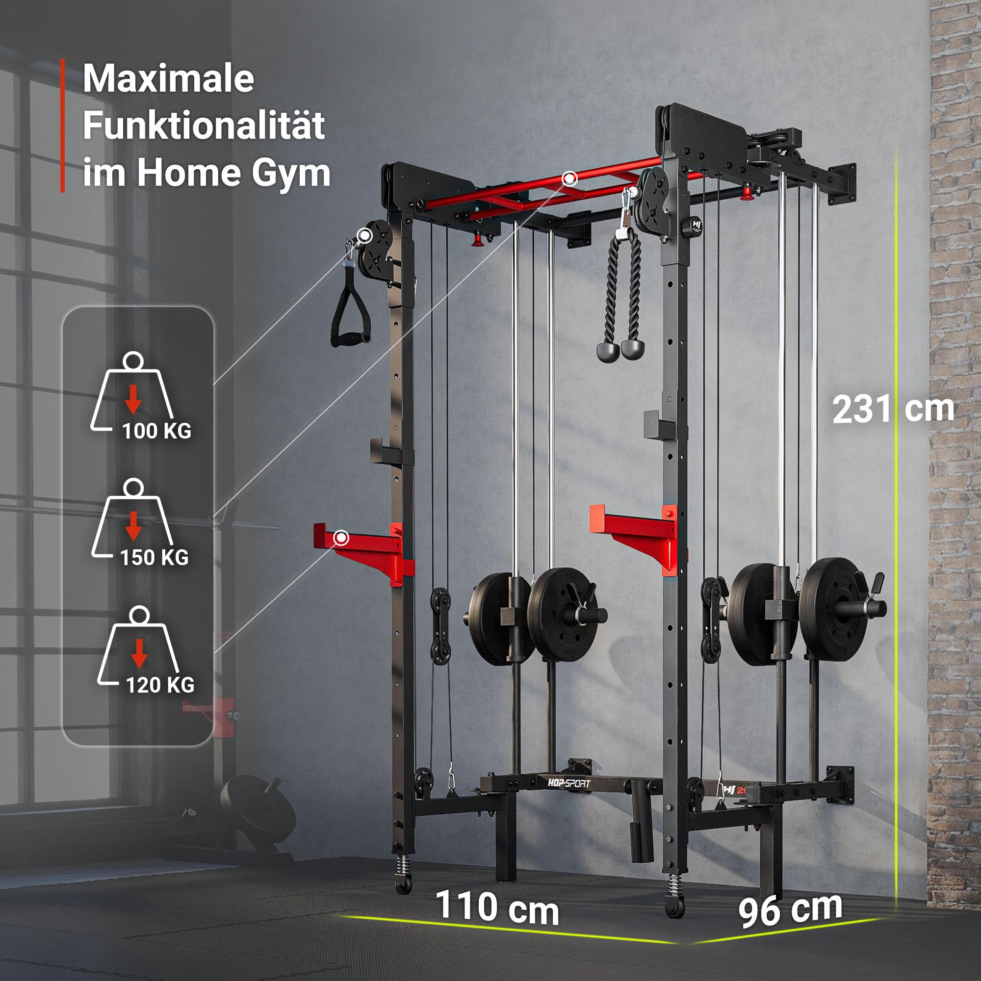 Hop-Sport HS-2070K Power Rack zur Wandmontage, 110x96x231 cm, 150 kg Belastbarkeit