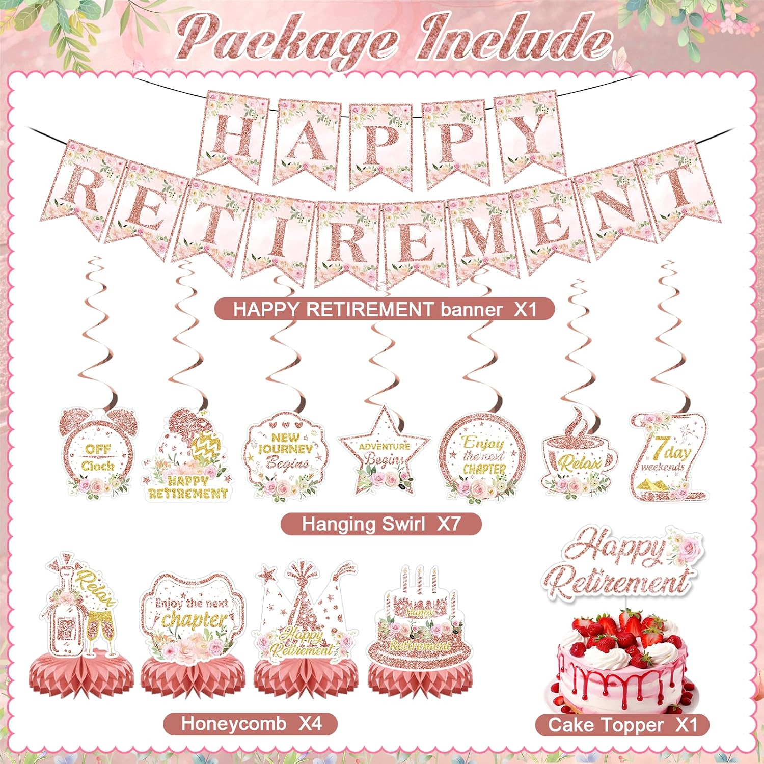 Going Away Party Decorations Happy Retirement Banner Cake Topper Enjoy the Next Chapter Hanging Swirls Honeycomb Pink Rose Gold Floral Retirement Party Decorations for Women Farewell Party Supplies