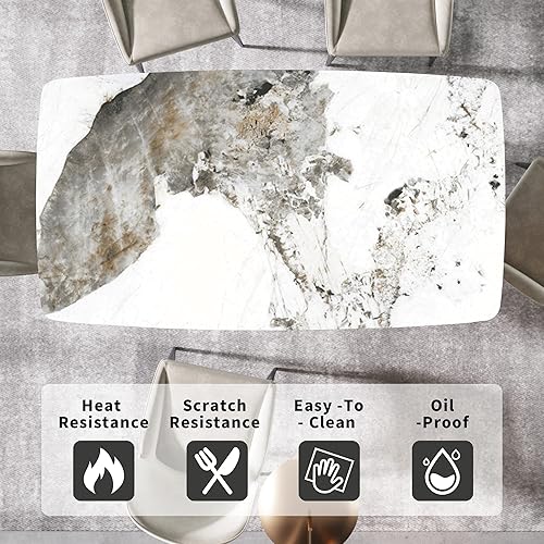 Miniatura 4 de Mesa de comedor moderna, mesa de comedor de piedra sinterizada blanca antigua con base de acero al carbono sólido en forma de X, mesa de comedor