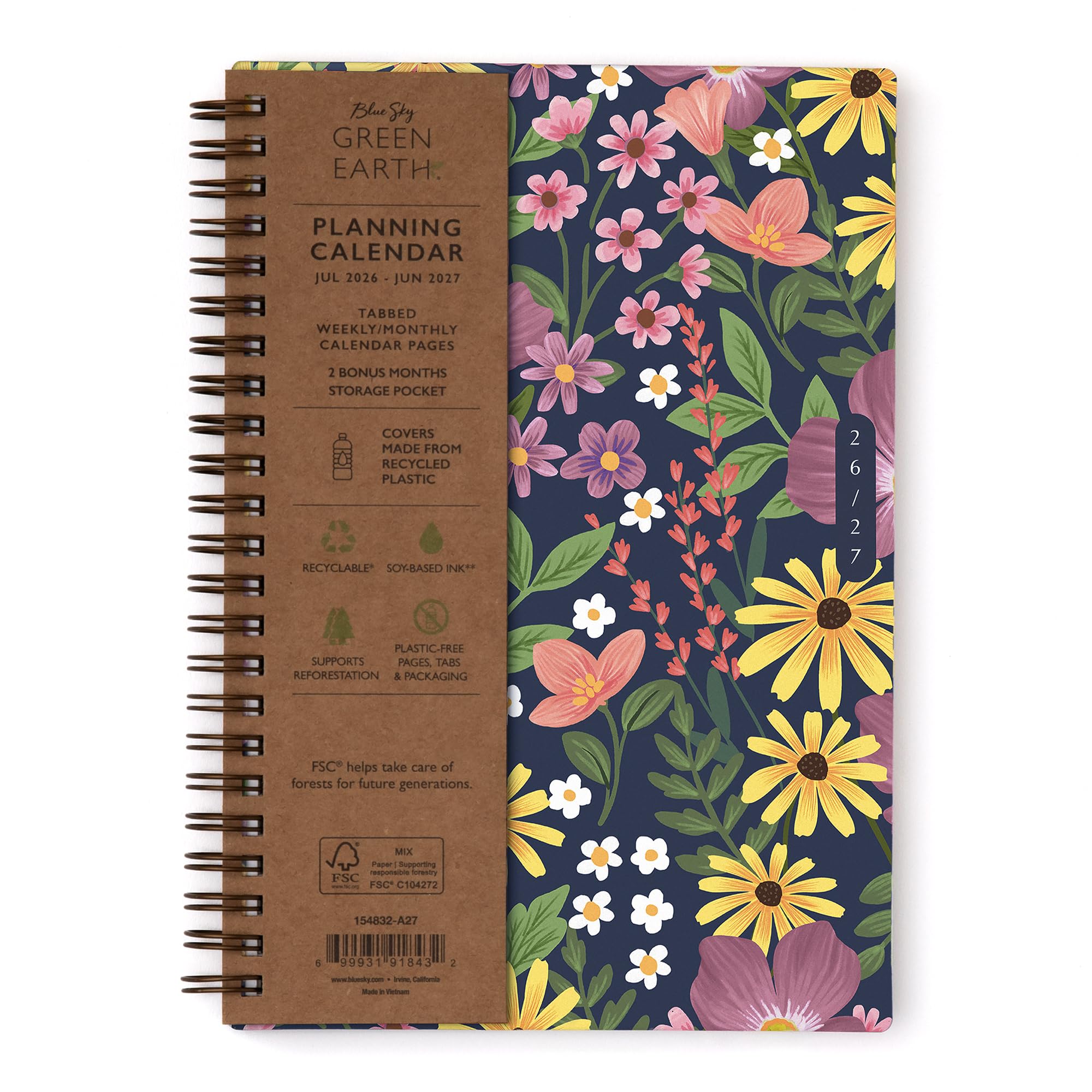 Blue Sky Sustainability 2026-2027 Weekly and Monthly Academic Year Planner Calendar, July 2026 - June 2027, 5" x 8", Flexible Cover From Recycled