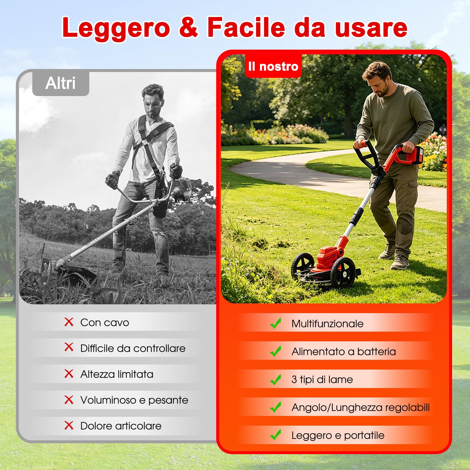 Rasaerba elettrico a batteria, Decespugliatore con 1 batterie da 21 V 4,0 Ah, manico telescopico regolabile, tosaerba a 3 lame, decespugliatore a batteria per giardinaggio