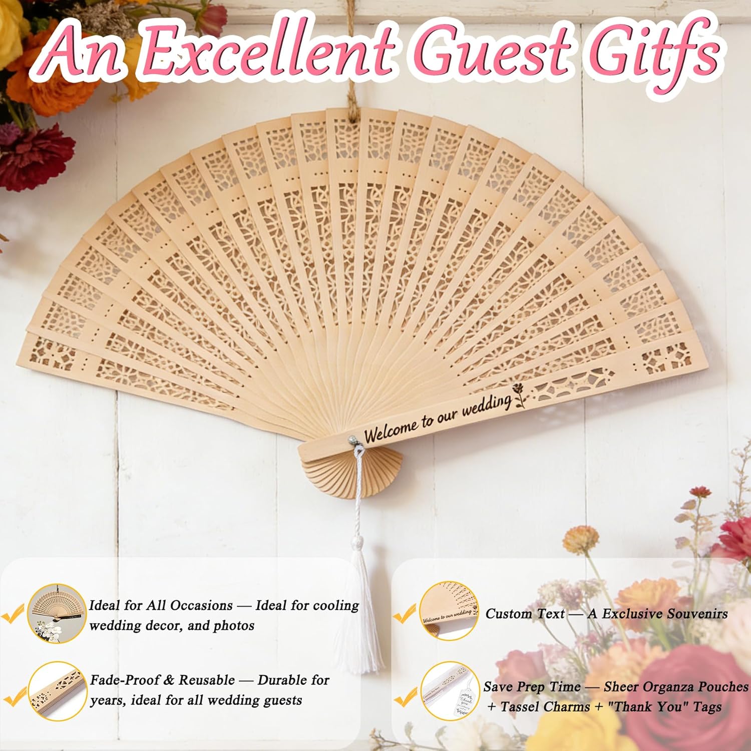 MOSADO 10-500Pcs Personalized Wedding Fans for Guests Bulk Custom Fan Wooden Folding Hand, for Wedding Graduation Birthday Party Guest (50)