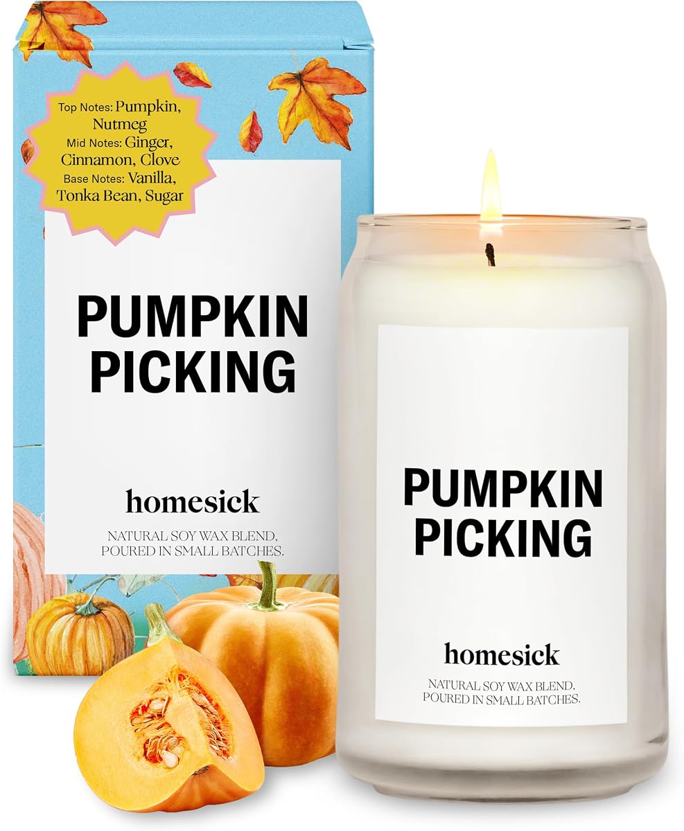 Homesick Scented Candles for Home (Pumpkin Picking) - 13.75 oz Natural Long-Lasting Soy Wax Blend Jar Candle Gifts for Women & Men, 60-80 Hours Burn Time - Notes of Pumpkin, Nutmeg & Ginger