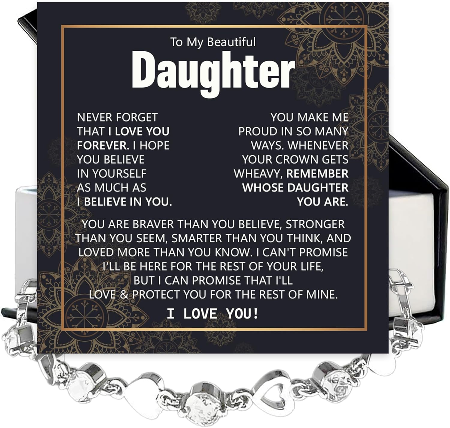 To My Daughter – Elegant Heart Chain Bracelet with Shiny Stones, Gift of Love from Mom or Dad with Message Card and Box on Christmas.