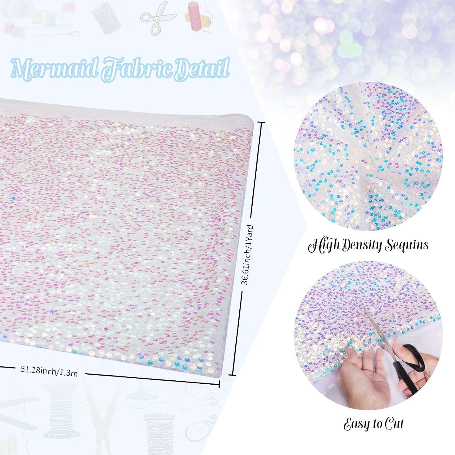 B-COOL Sequin Fabric by The Yard 5MM Iridescent Mermaid Glitter Fabric 1 Yard White Sparkly Fabric for Wedding Costumes Mermaid Tail Sewing Dress Tablecloth DIY Crafts