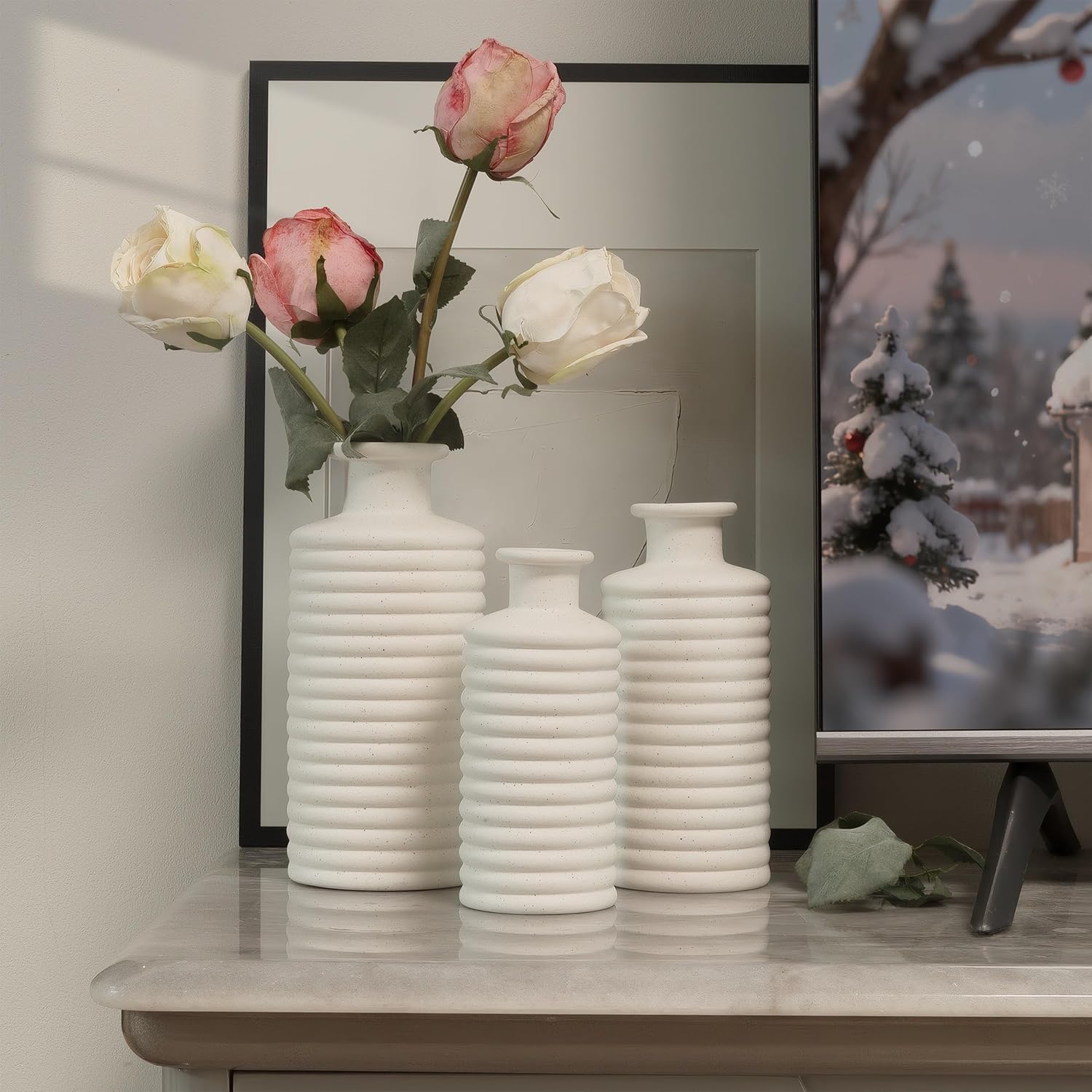 Ceramic Vase Set, Cream White Vases Home Decor, Boho Rustic Farmhouse Vase for Pampas Grass Fresh Flowers, Modern Vases for Living Room, Bedroom, Bathroom, Entryway, Dresser Table Decor - Image 2