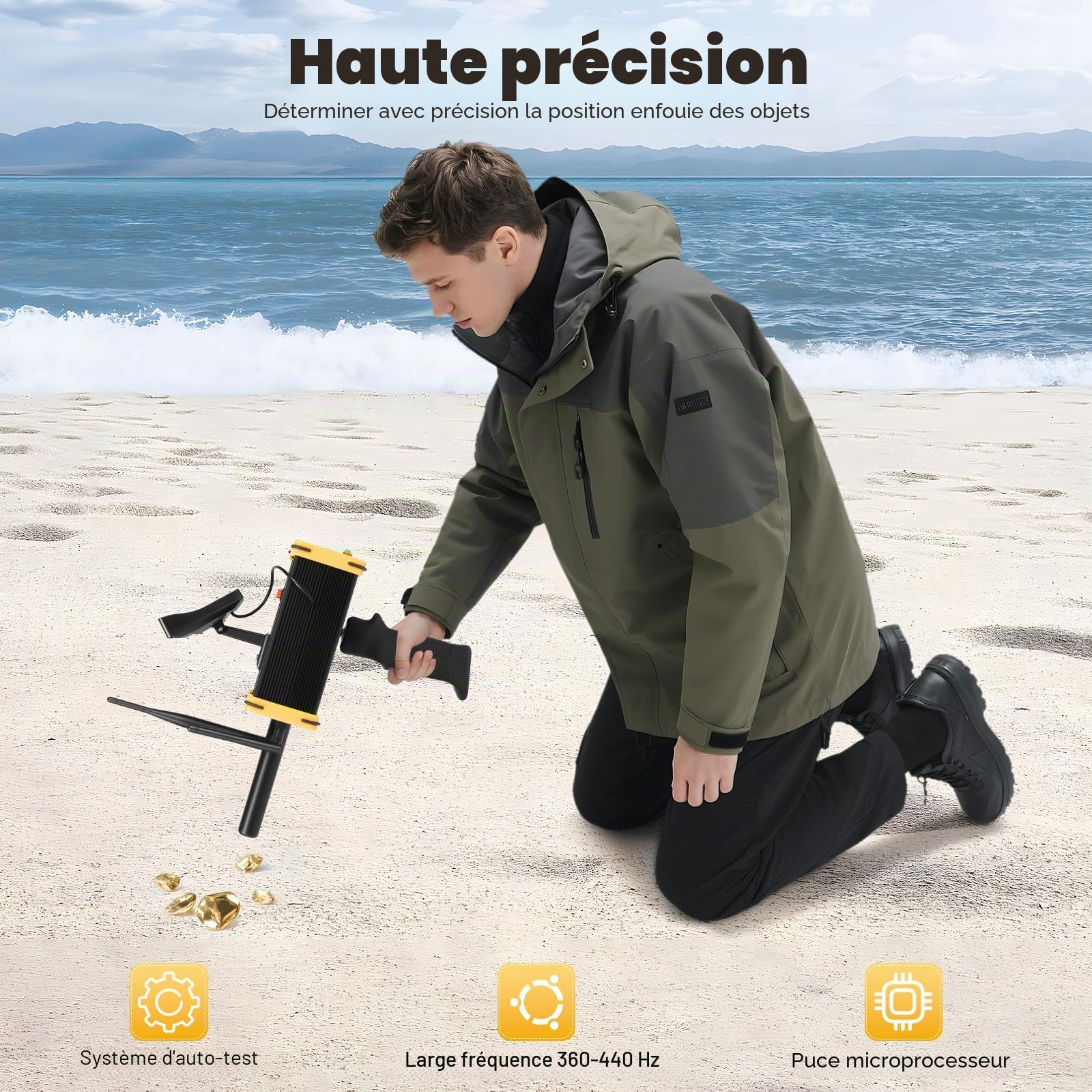 Détecteur de métaux avec écran LCD, portée de 990 m et profondeur de 16 m, détecteur haute précision rechargeable pour l'archéologie/recherche de trésors/sécurité