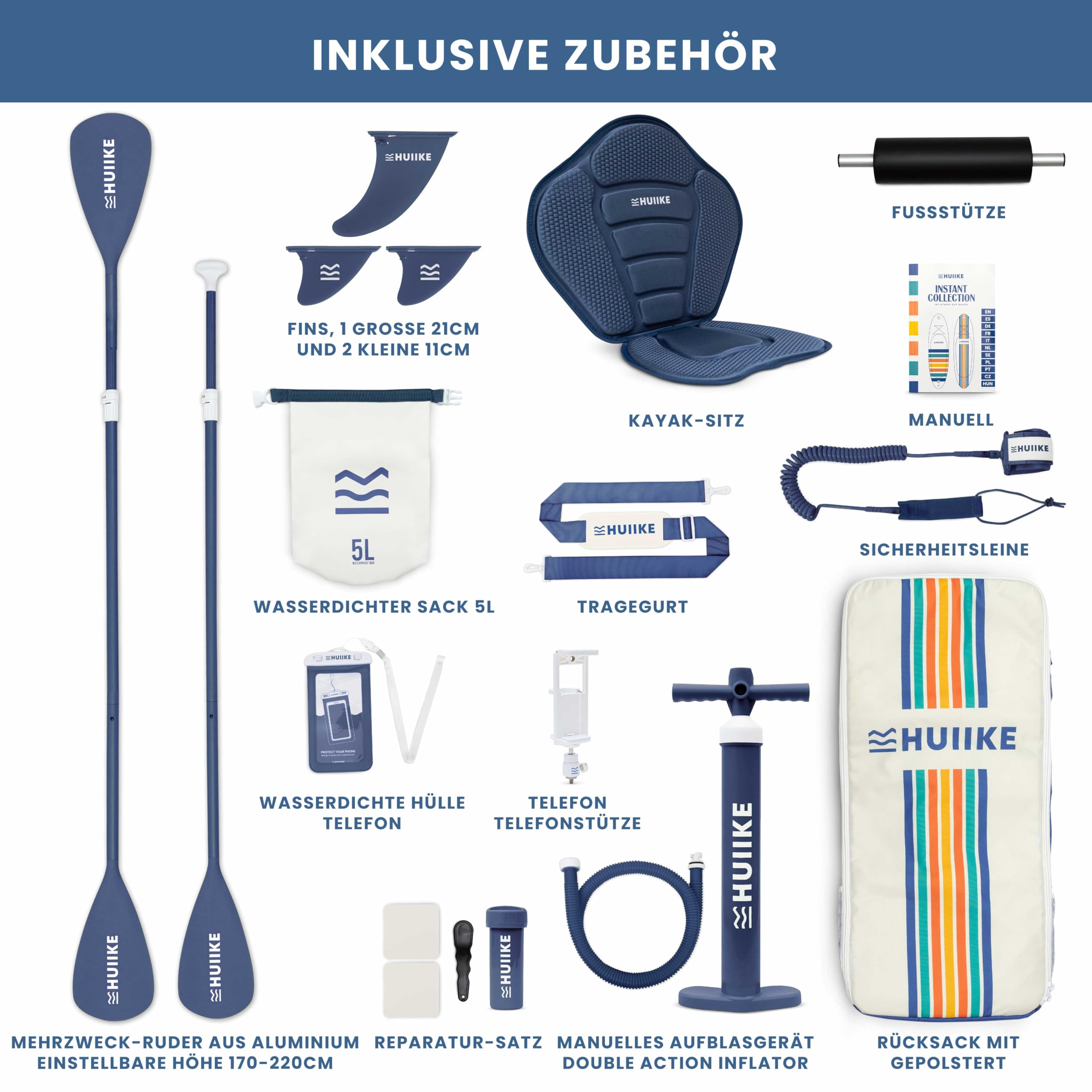 HUIIKE Stand Up Paddling Board mit Zubehör, Paddel, Finnen, Pumpe. Paddle Sup Board Aufblasbar Hohe Stabilität und Widerstandsfähigkeit. 305 x 84 x 15 cm, Belastbar bis 130 kg