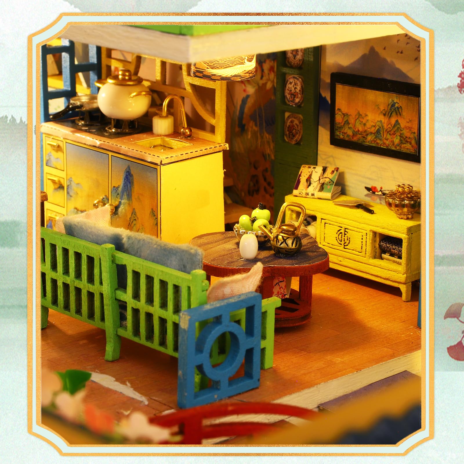 Cuteefun Casa delle Bambole con luce LED, Artigianato in Legno Unico, Adatto per Adulti e Adolescenti, Costruite la Casa dei Vostri Sogni, Compleanno Regali di Natale (Cortile Verde)