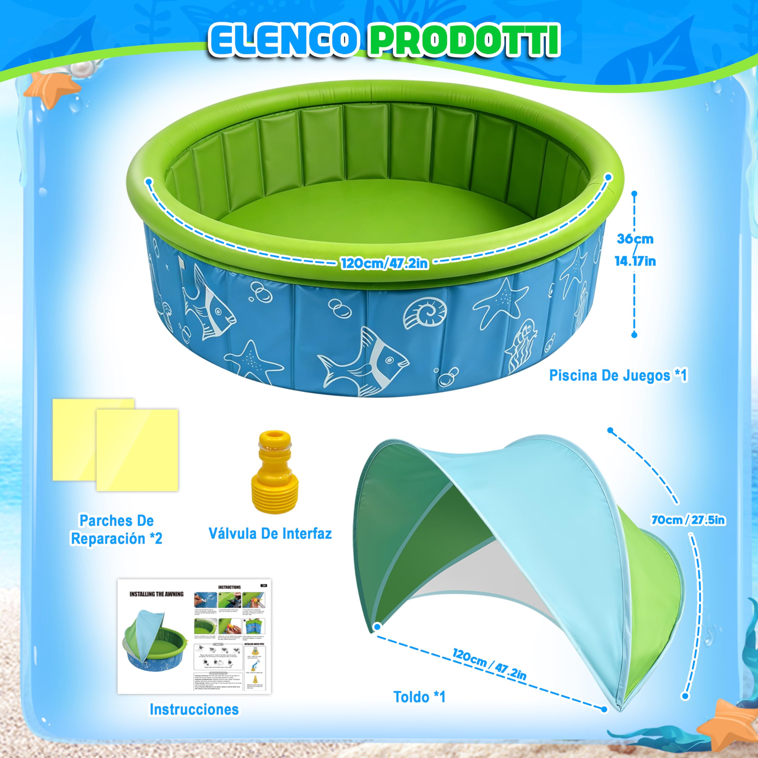 JONRRYIN Piscina para Niños, Piscina Infantil con Toldo y Pulverización Protección UV SPF50+, Tienda de Playa Plegable Portátil para Jardín Playa Picnic 120x36 cm