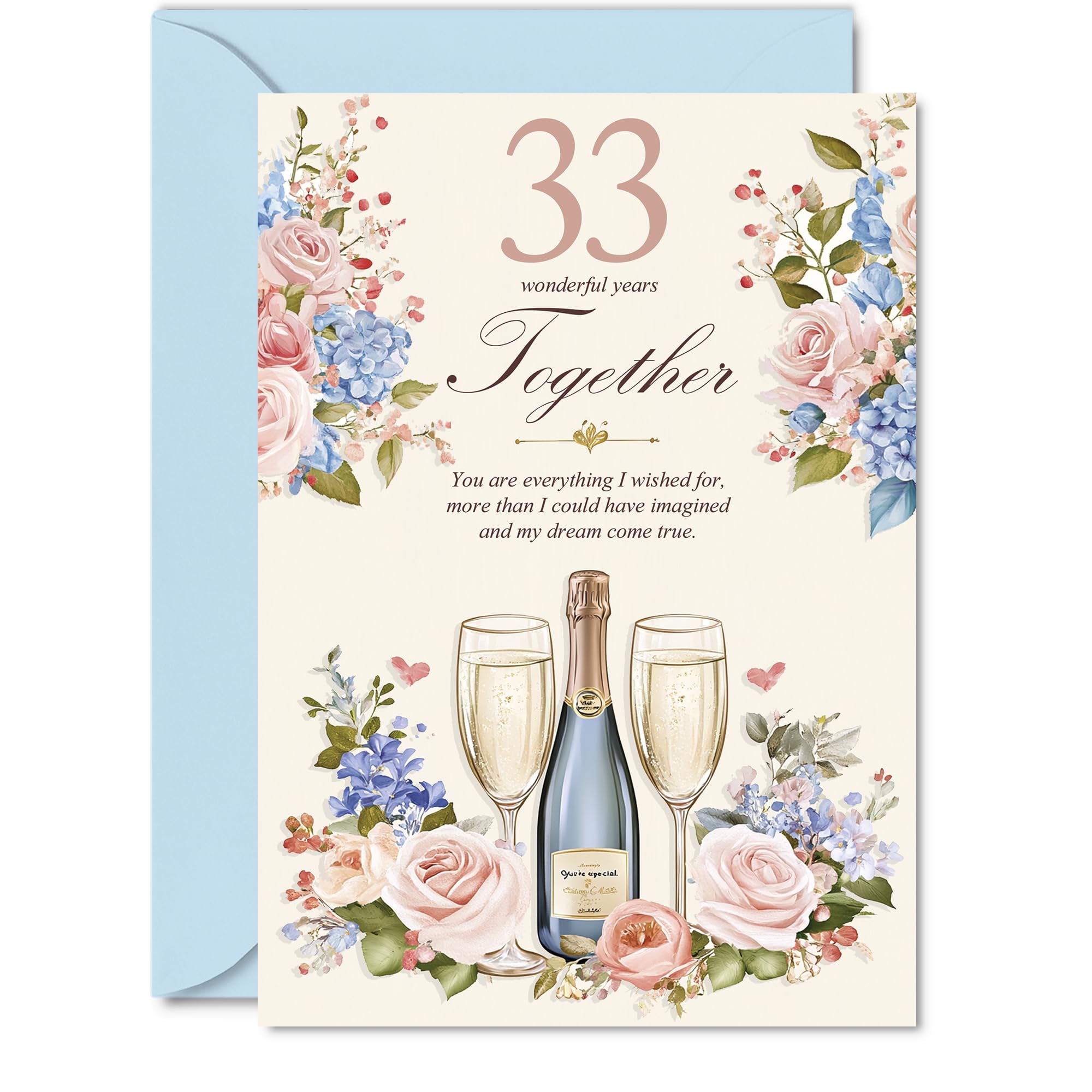 33rd Anniversary Card for Women and Men, Floral Champagne