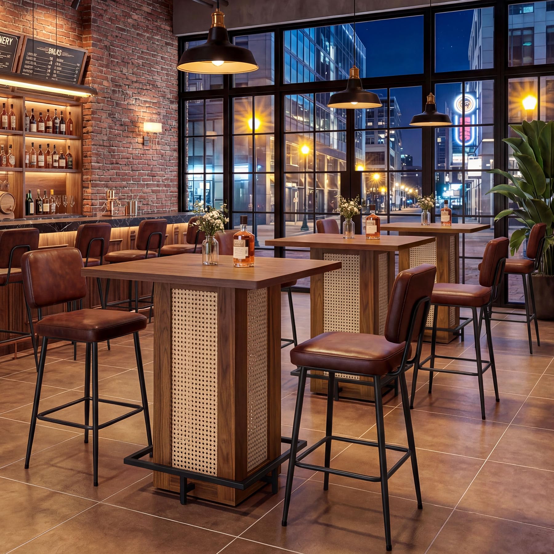 Tribesigns Table de Bar Carrée 80×80cm, Mange-Debout Bohème Cannage Rotin, Plateau Bois Marron Pied Métal Noir, Table Haute avec Repose-Pieds pour Cuisine Salon Café Balcon