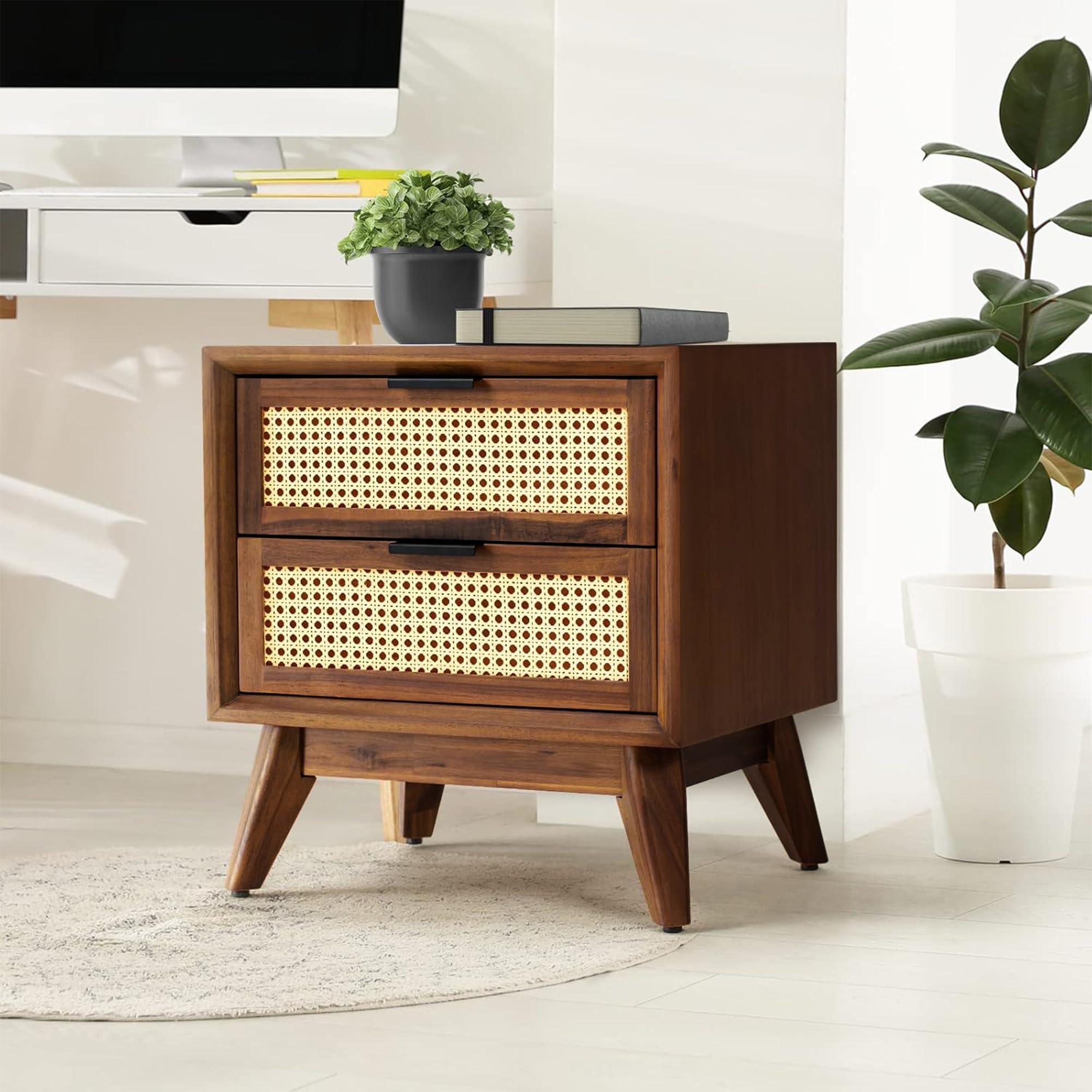Bme Jasper Deluxe Solid Wood Rattan Nightstand Fully Assembled-Mid Century Modern Side Table with 2 Drawers-Multipurpose use for Living Room, Bedroom-Dark Chocolate