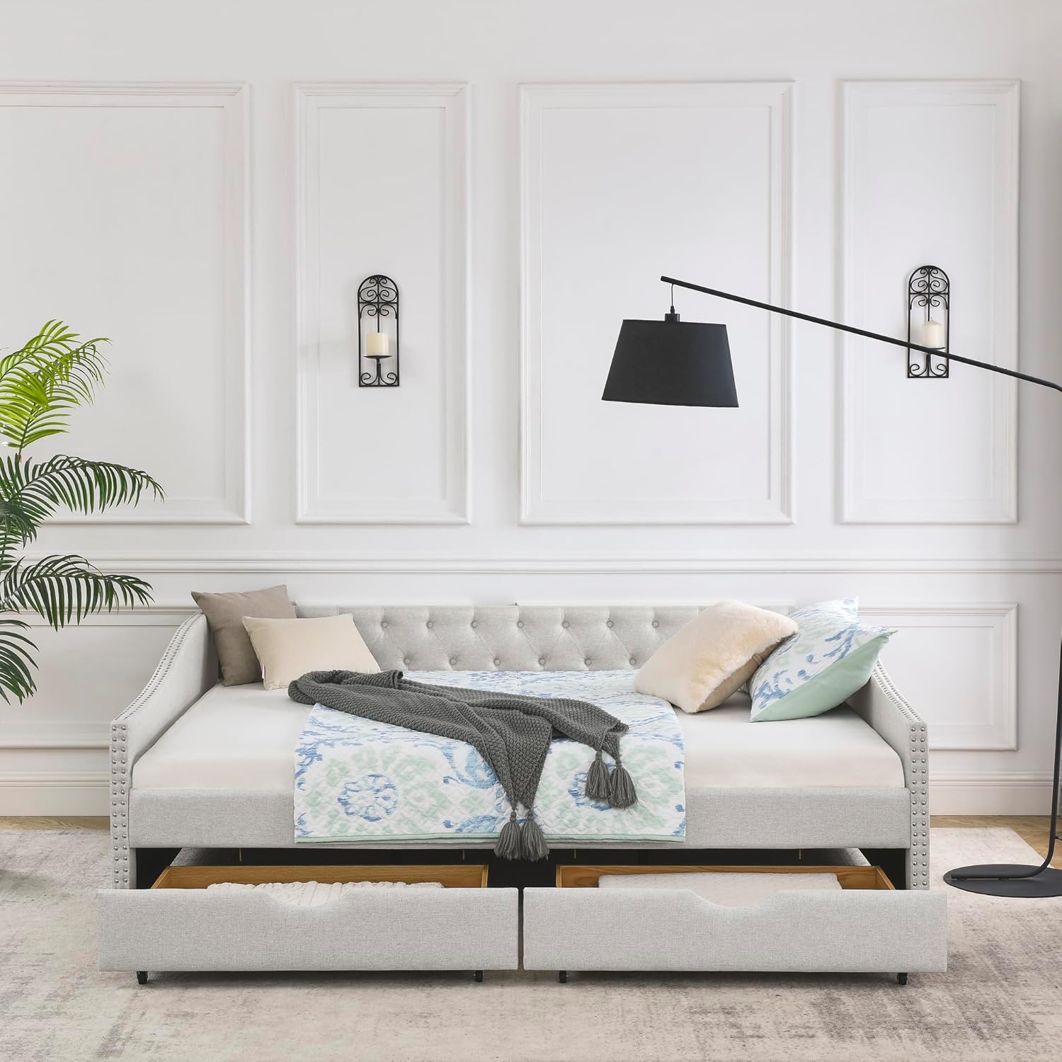 Flieks Queen Size Wood Daybed with Drawers,Queen Upholstered Button Tufted Sofa Bed with Copper Nail on Waved Shape Arms,Beige(84.5"x63.5"x26.5")