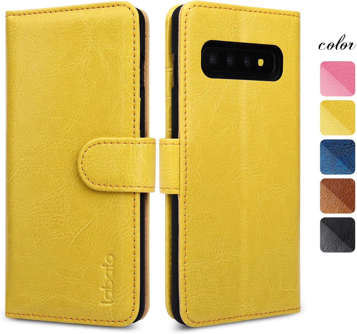 Samsung Galaxy S10 Wallet Case, labato Galaxy S10 Genuine Leather Flip Folio Protective Case Cover with Stand Function Magnetic Closure Card Slots Support Wireless Power Share for Galaxy S10 Yellow