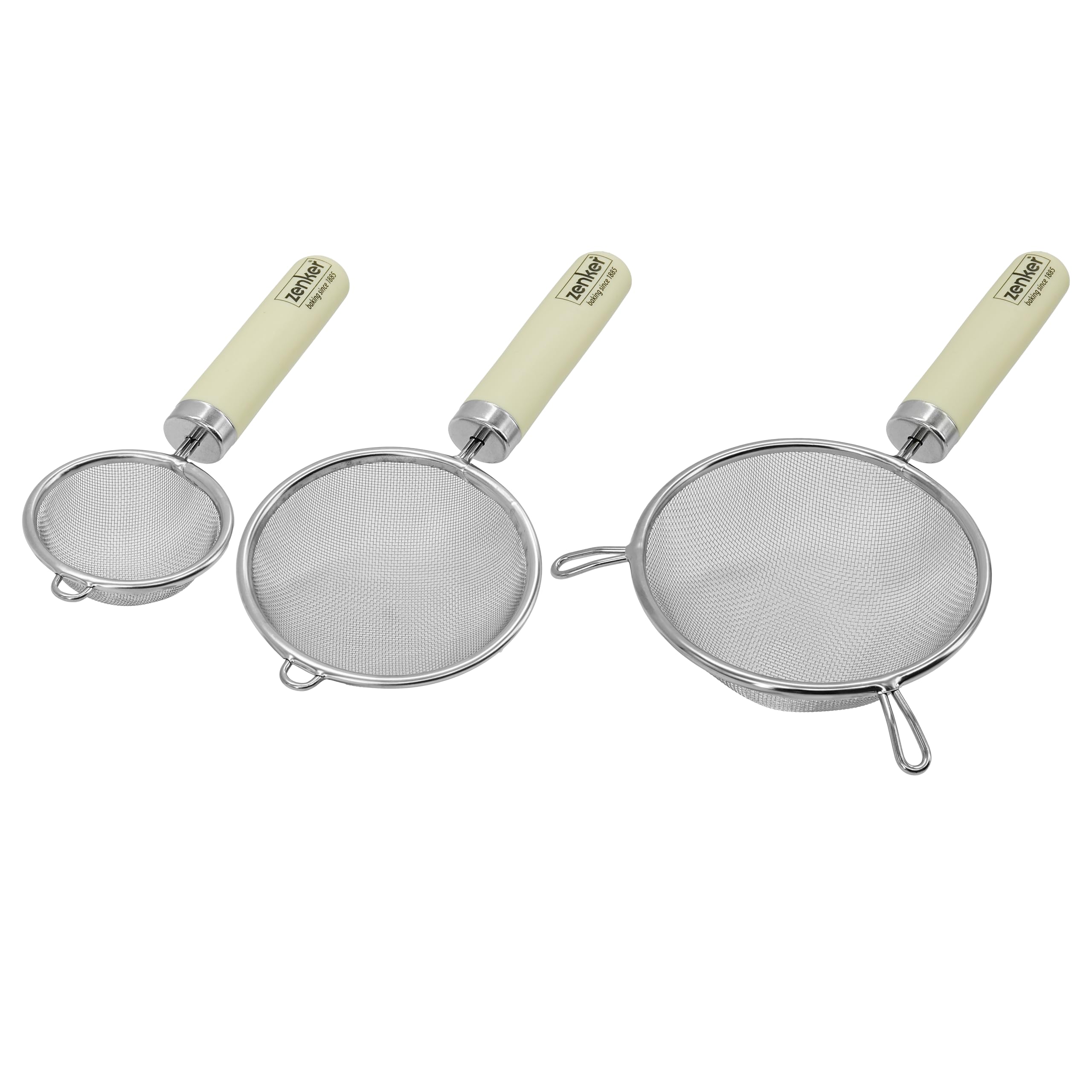 Zenker Set of 3 Sieves, Small 7cm, Medium 10cm, Large 14cm, Versatile Stainless Steel Fine Mesh Strainers for Sifting, Dusting Icing and Straining Tea or Removing Lumps, Cream Plastic Handle