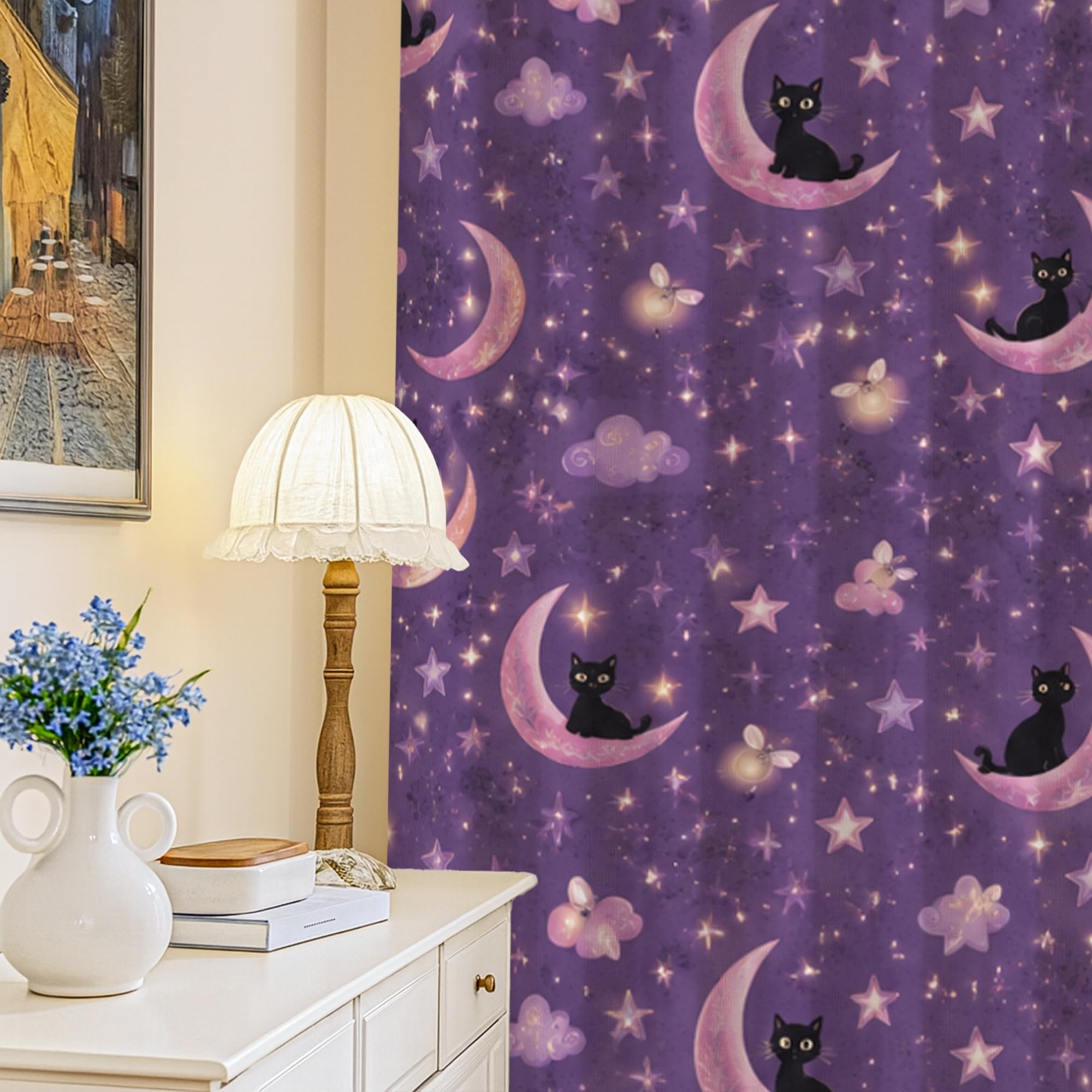 Rideaux motif chat et lune magique pour transformer la chambre des enfants en ciel étoilé