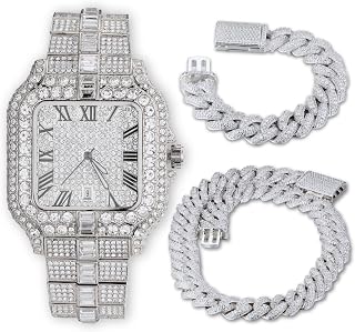 Luxury Moissanite Diamond Watch for Men丨18k Real Gold/Platinum White Gold Plated 8.5" Wristband丨Japanese Quartz 41MM Roman Numerals Square Dial with Date丨with Cuban Link Chain Option