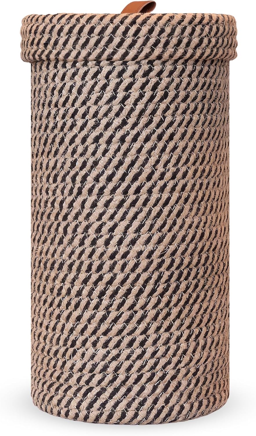 Handmade Cotton & Jute Toilet Paper Holder – Woven Toilet Paper Stand & Storage Basket with Lid, Freestanding Organizer for Bathroom, Fits 3 Rolls