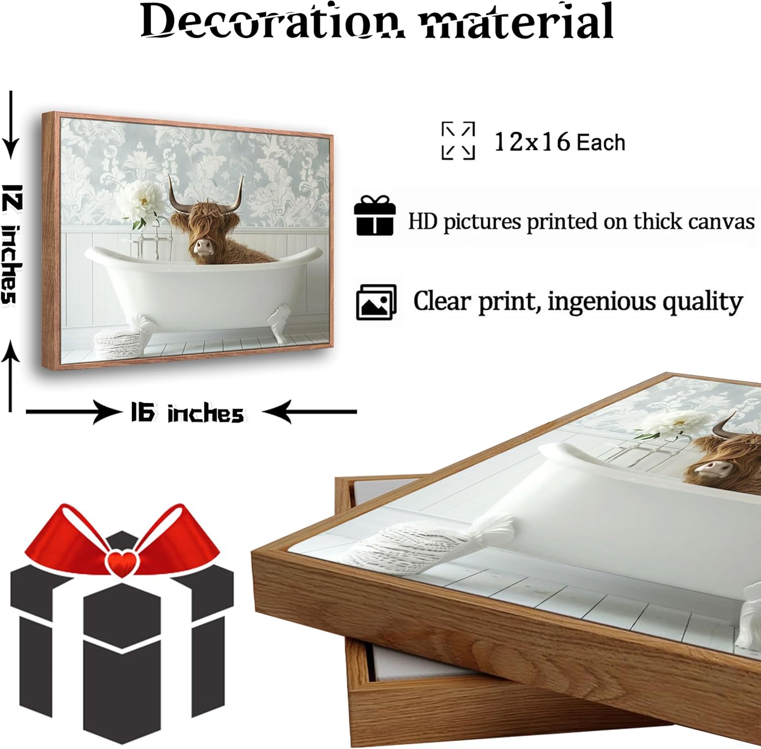 LCZDXGR Framed Highland Cow Bathroom Wall Art Picture Highland Cow in Bathtub Canvas Poster Prints Funny Animal Bathroom Painting Farmhouse Wall Decor 16L x 12W