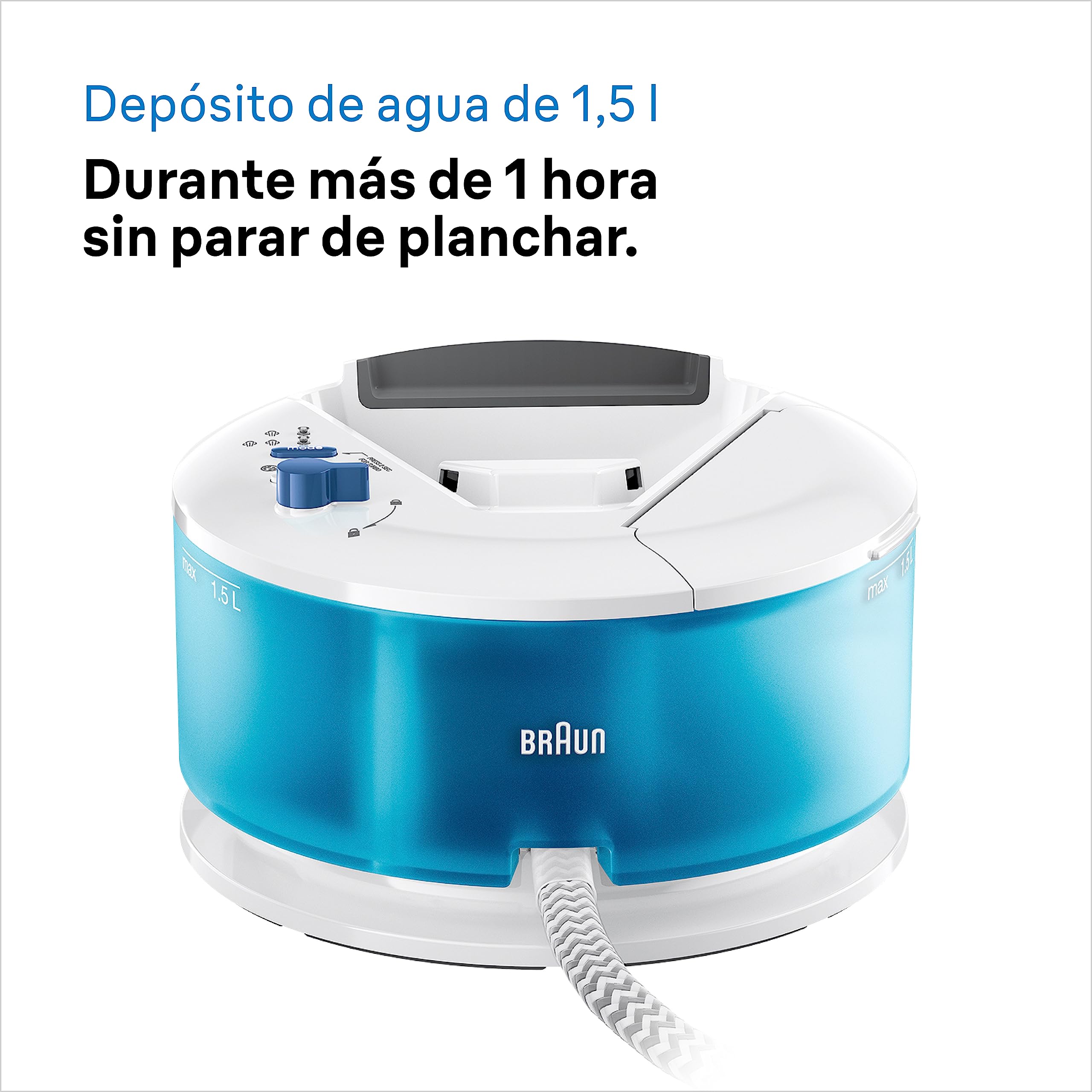 Braun CareStyle Compact Steam Generator, Plancha de Vapor con Suela FreeGlide 3D, Presión de 6 bar, Gran Depósito de Agua de 1,5 l, Función Eco, IS2143BL, Blanco Azul