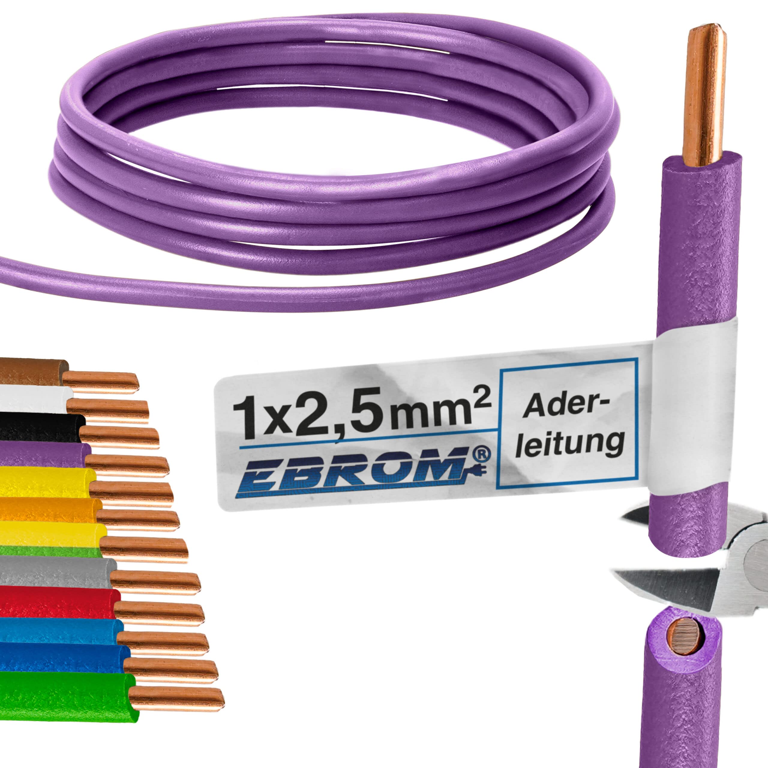 EBROM - Cavo singolo filo da 30 metri - Cavo di cablaggio rigido - Cavo in PVC - H07V-U 2,5 mm2 | 2,5 mm² | 2,5 mm² | 2,5 mm2 - Colore: viola - rame pieno 99,9% rame OFC, lunghezza: 30 metri