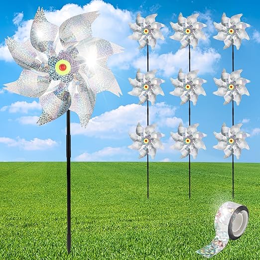 10Pack Pinwheels for Yard and Garden, Reflective Pinwheels to Scare Birds Away, Sparkly Sliver Pin Wheels with Bird Scare Tape for Outside (Pack of 10)