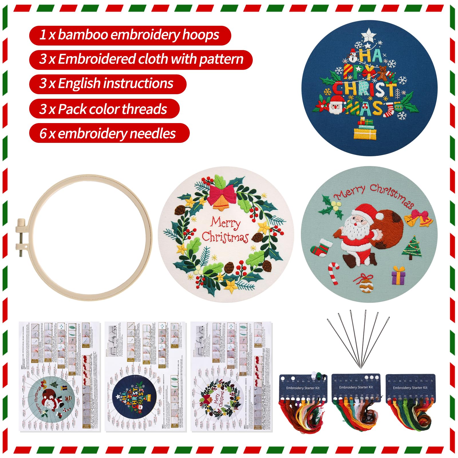 Gukasxi 3 Set Di Kit Da Ricamo Per Principianti Adulti, Kit Da Ricamo Natalizio Con Motivi Natalizi Colorati, Set Punto Croce Ricamo Kit Ricami Strumento, Istruzion, Telaio Ricamo, Fili Colorati