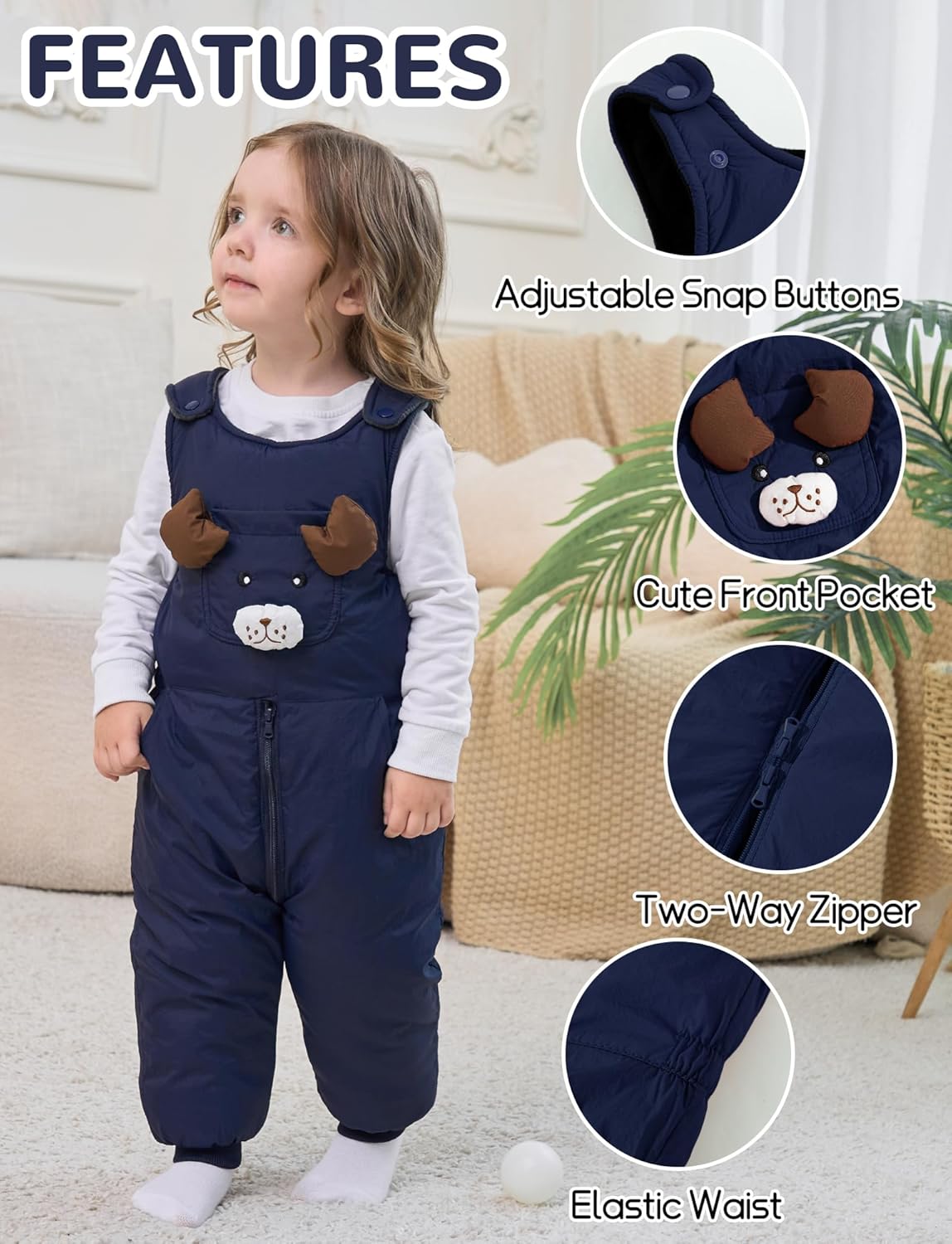 Happy Cherry Toddler Boy Girls Winter Warm Fleece Line Bib Pants Cartoon Snow Ski Overall Insulated Zip Up Bibs Snowsuit