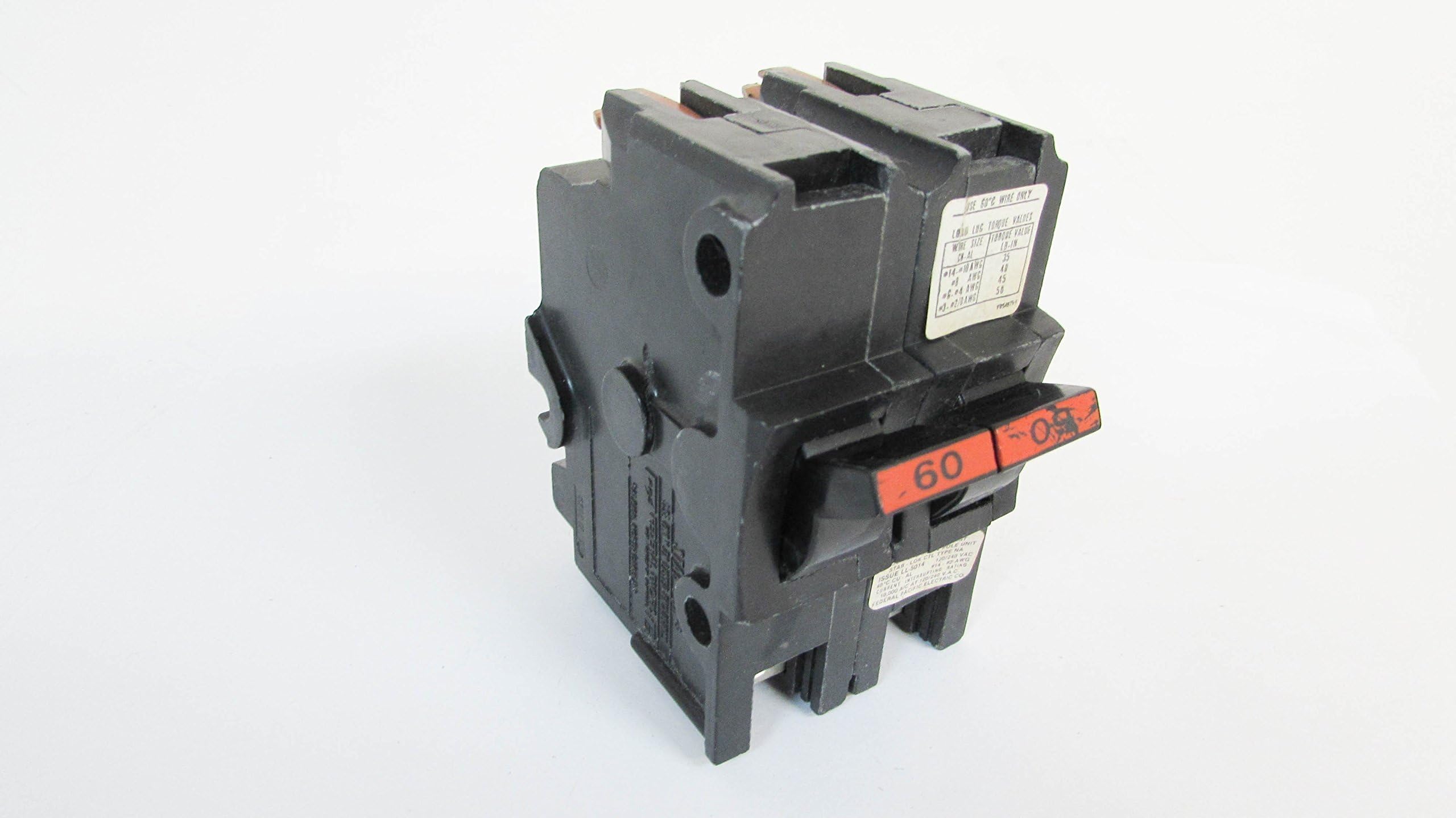1- FEDERAL PACIFIC NA260 FPE 60 AMP, 2 Pole Regular Size, STAB Lock Circuit Breaker, 60A 2P NA 260NA Thick