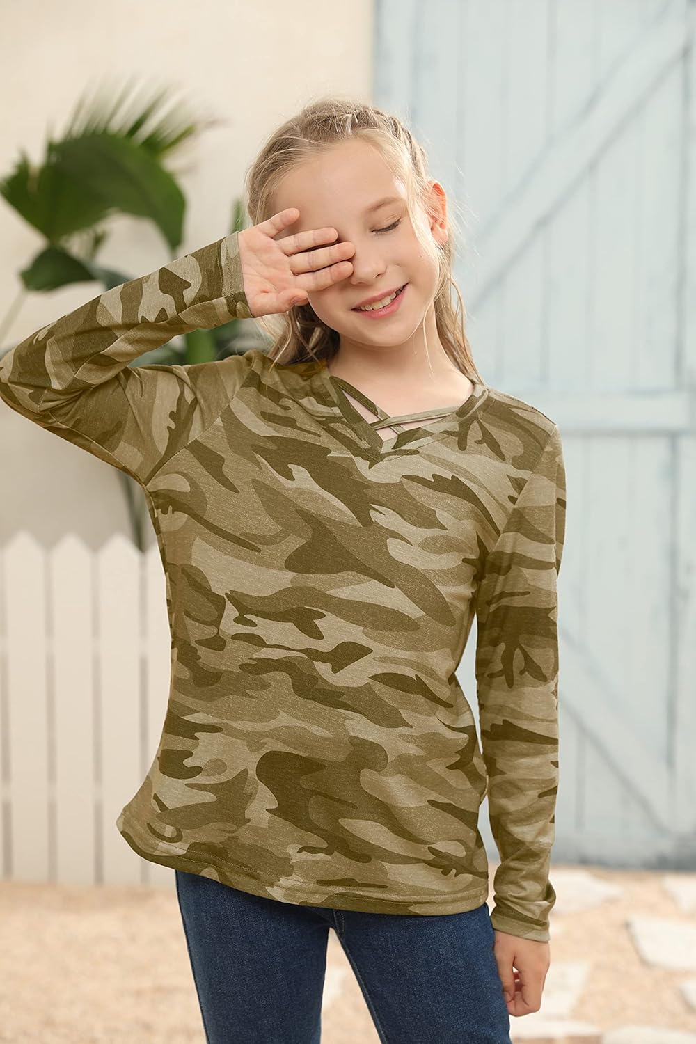 simtuor Girls Camouflage Long Sleeve Shirts V Neck Criss Cross Tops Kids Casual Loose Soft Blouse T-Shirt 4-15 Years - Image 5