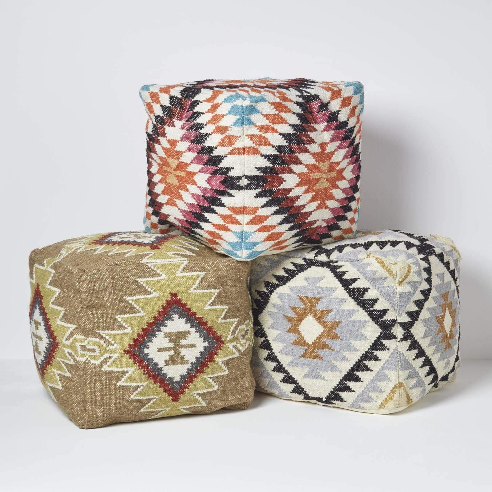 Homescapes - Pouf Kilim realizzato a mano, con imbottitura in fagioli, 43 x 43 cm, in lana e cotone ricamati a mano, motivo geometrico "Jaipur"