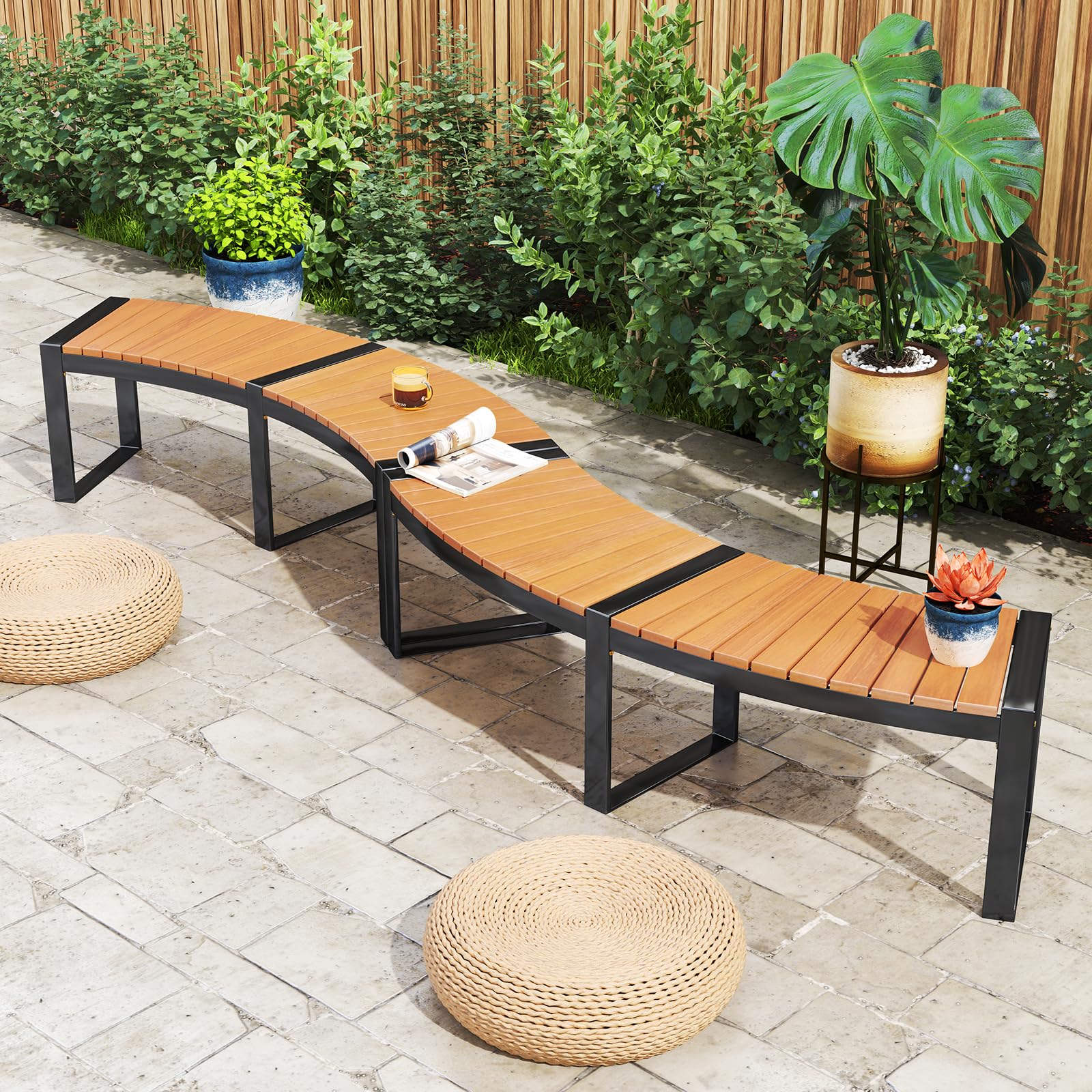 GOPLUS Gartenbank Holz, 2-3 Sitzer Holzbank wetterfest, Sitzbank Outdoor, gebogen, Parkbank ohne Rücklehne, bis zu 360kg belastbar, Bank Garten Terrasse Balkon (Natur,2)