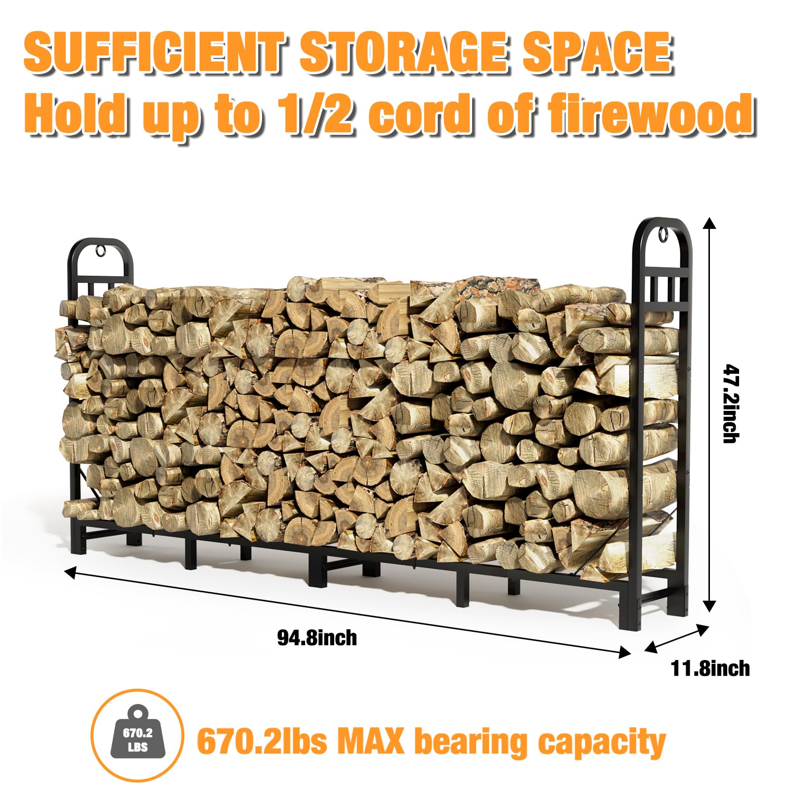 GREENER 8FT Firewood Rack Outdoor Heavy Duty Wood Rack for Firewood Indoor Log Holder for Fireplace, Fire Wood Holder Metal Lumber Storage Carrier Firewood Log Rack Stand Stacker for Patio Porch Black