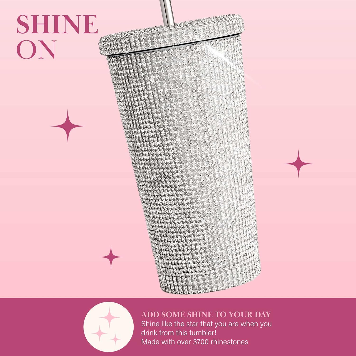 Paris Hilton Diamond Bling Water Tumbler With Lid And Straw, Vacuum Insulated Stainless Steel, Bedazzled With Over 3700 Rhinestones, 16.9-Ounce, Silver - Image 6