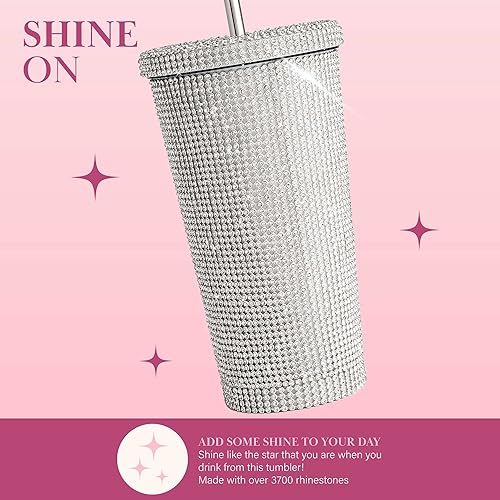 Miniatura 6 de Paris Hilton Diamond Bling - Vaso de agua con tapa y popote, de acero inoxidable aislado al vacío, deslumbrante con más de 3700 diamantes de