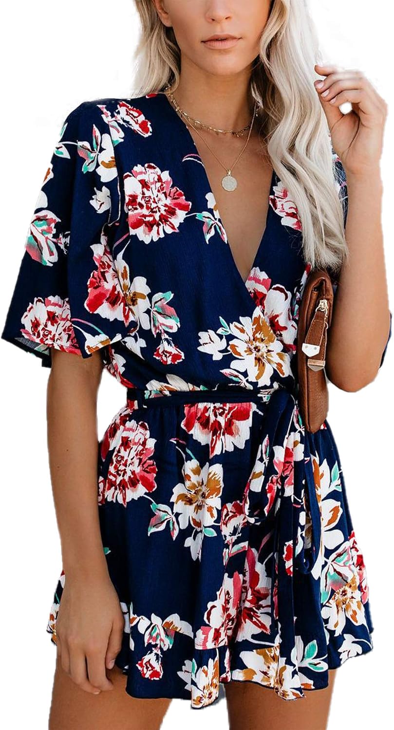 Relipop Women's Summer Romper Floral Print V Neck Flared Half Sleeve Elastic Tie Waist Ruffle Casual Rompers Jumpsuits