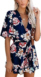 Women's Summer Romper Floral Print V Neck Flared Half Sleeve Elastic Tie...