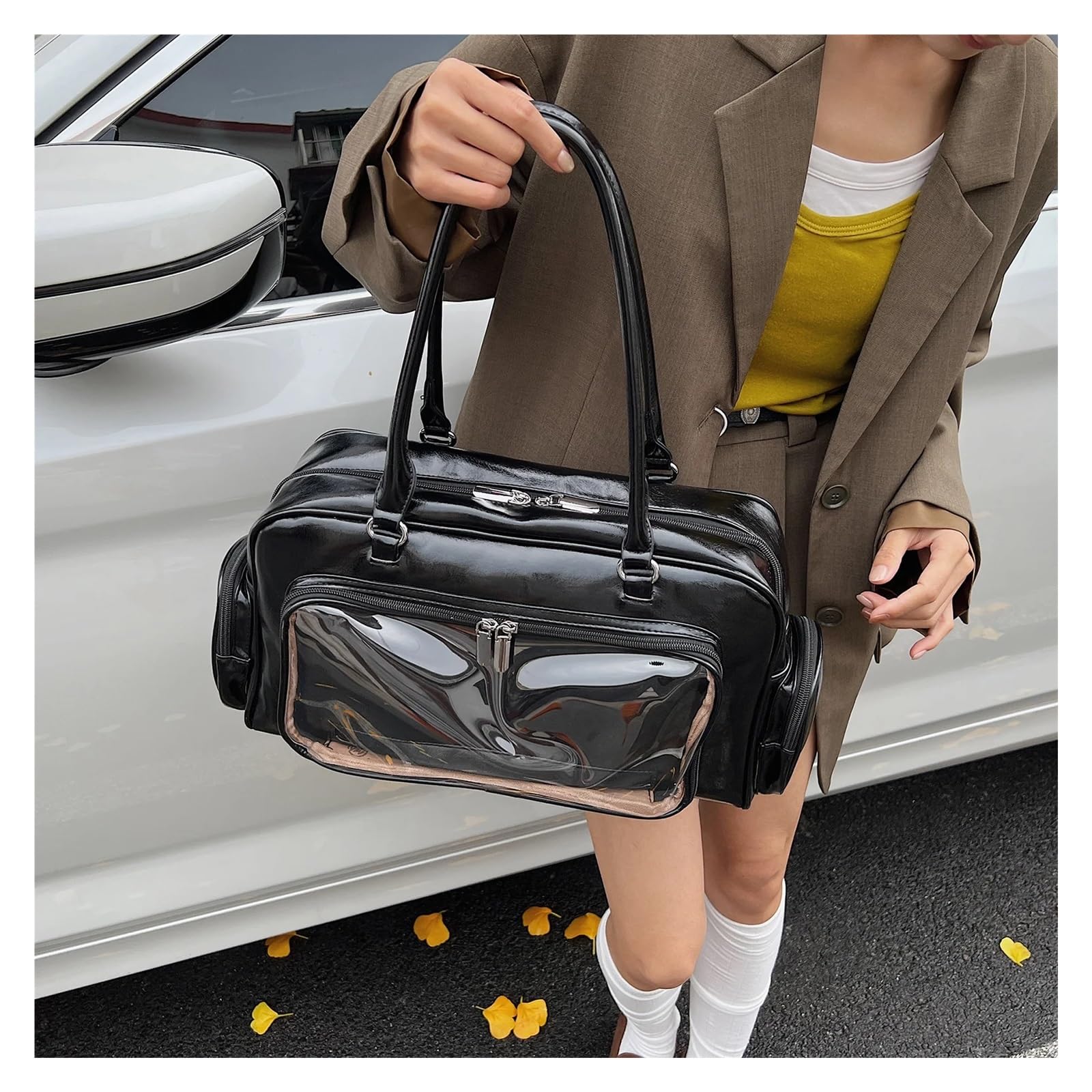Bolso bandolera Women PU Leather Bowling Bag Transparent Tote Handbag Lightweight Kawaii Shoulder