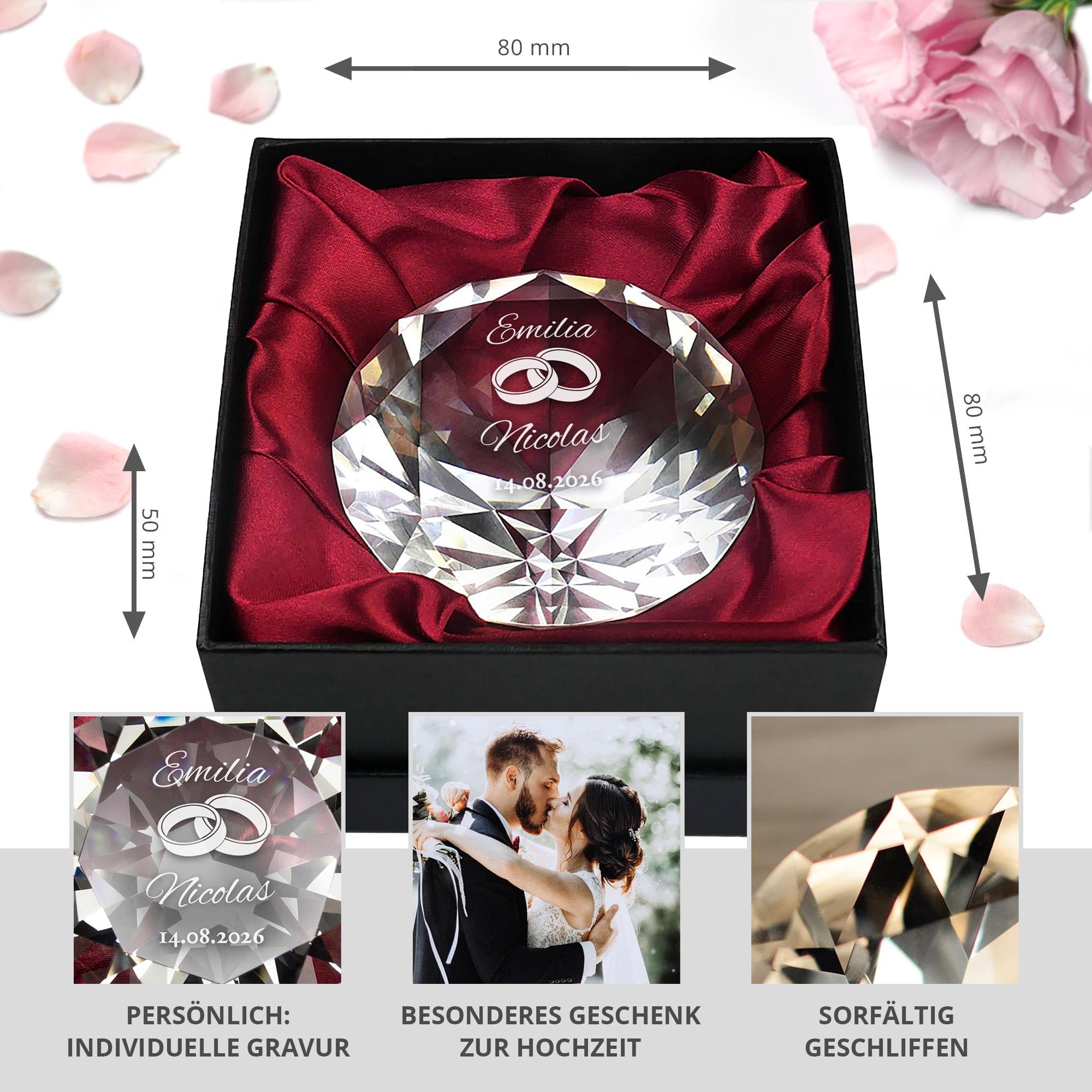 Casa Vivente Cristallo in Vetro a Forma di Diamante, Incisione Personalizzata con Nomi e Data, Motivo Fedi, Fermacarte da Scrivania, Regalo di Nozze