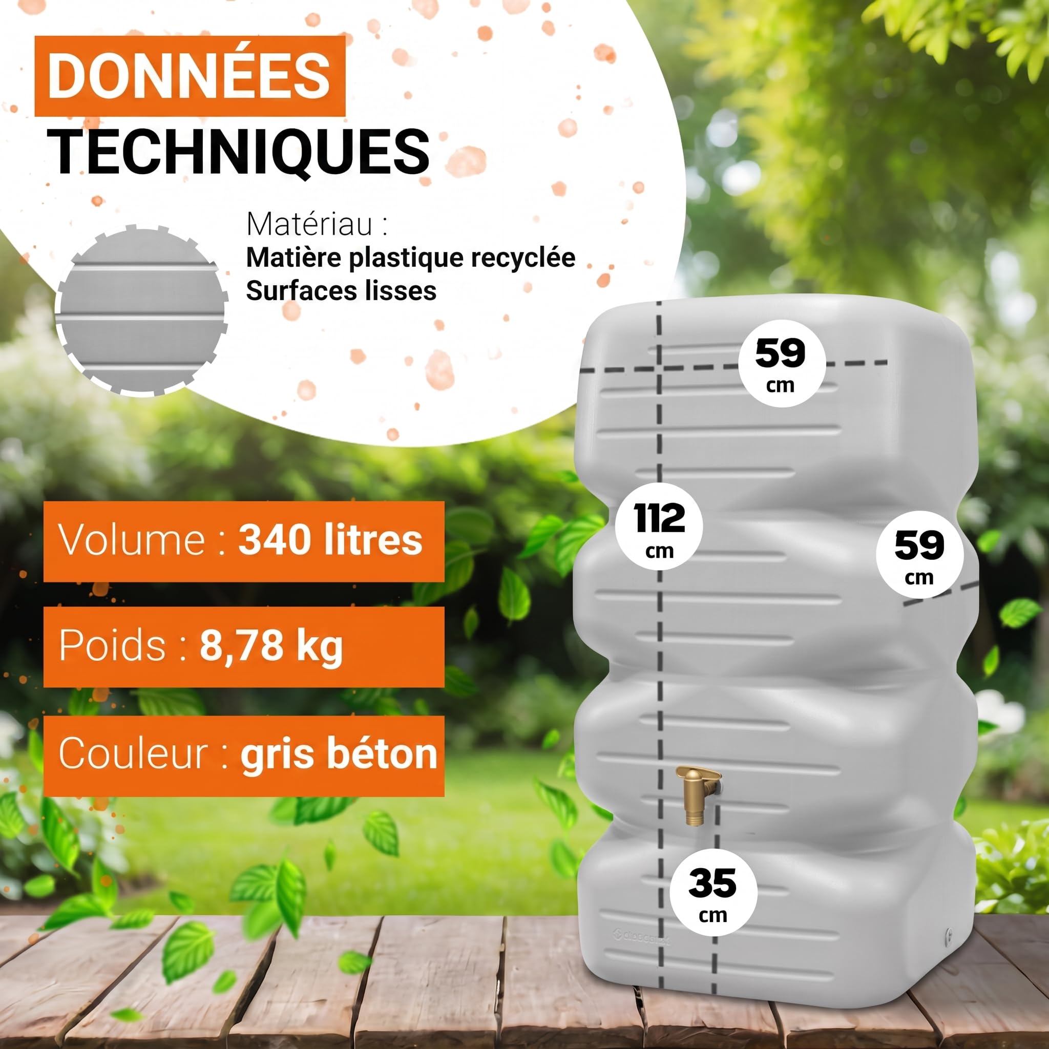 GARANTIA CUBUS cuve de Jardin kit Complet 340 litres Gris béton INCL. Robinet de Sortie en Plastique et raccord de Descente - récupérateur d'eau de Pluie Sobre - pour terrasse - extérieur Durable